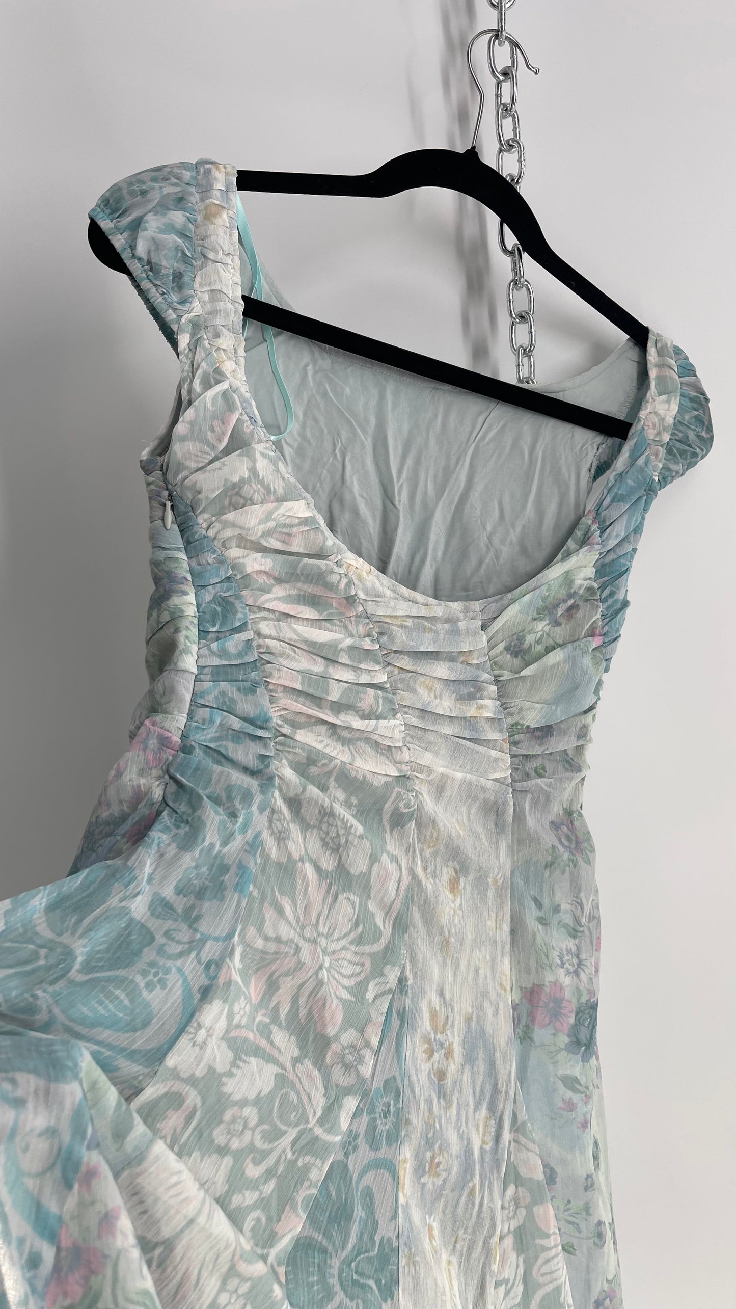 Free People Heart to Heart Blue Ruche Bust Handkerchief Hem Gown (0)