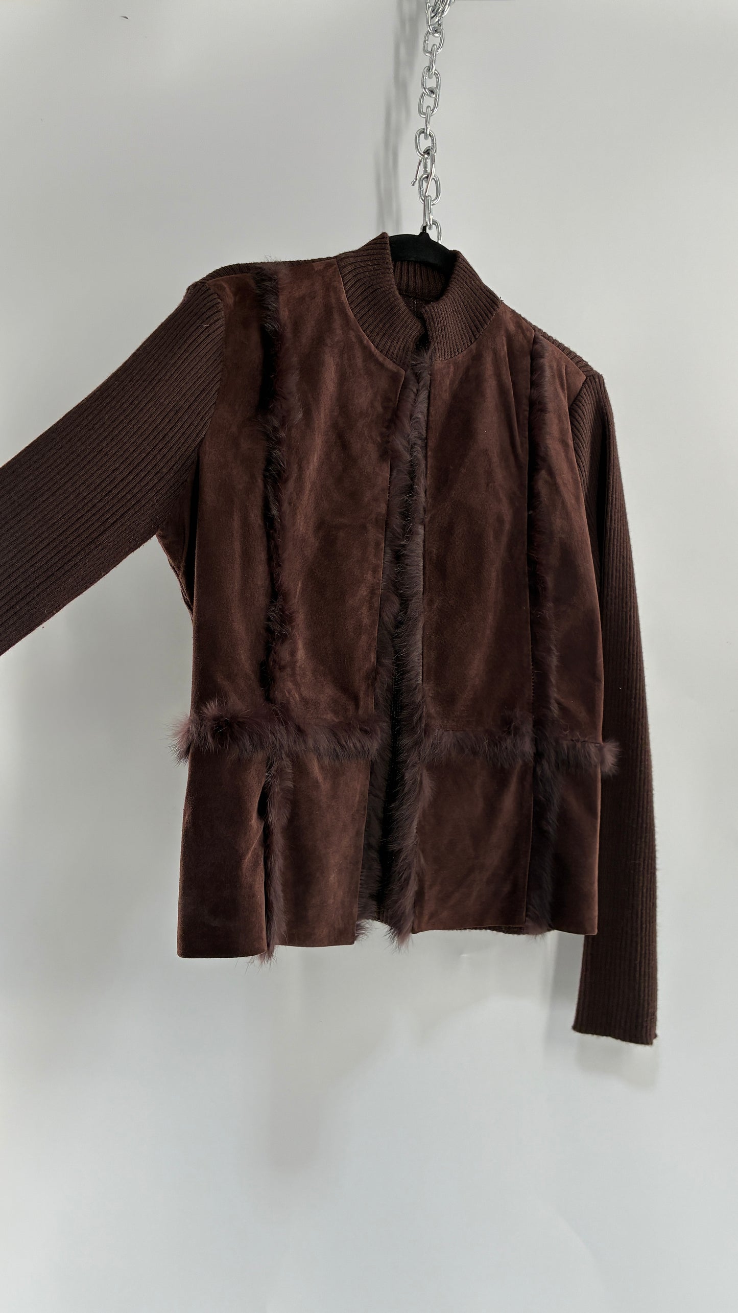 Vintage Brown Ribbed Jacket with Genuine Suede Leather Paneling and Rabbit Fur Trim (Medium)
