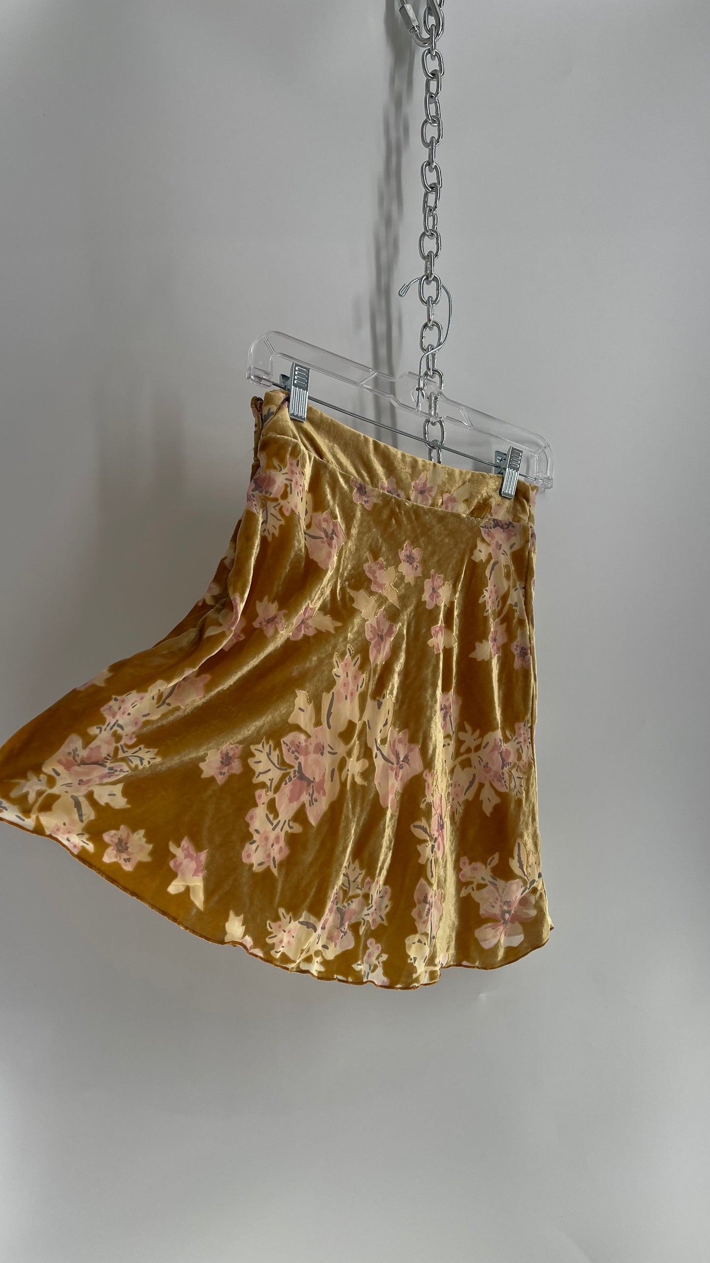 Free People Mustard Yellow/Gold Velvet Mini Skirt with Pink Flowers (0)