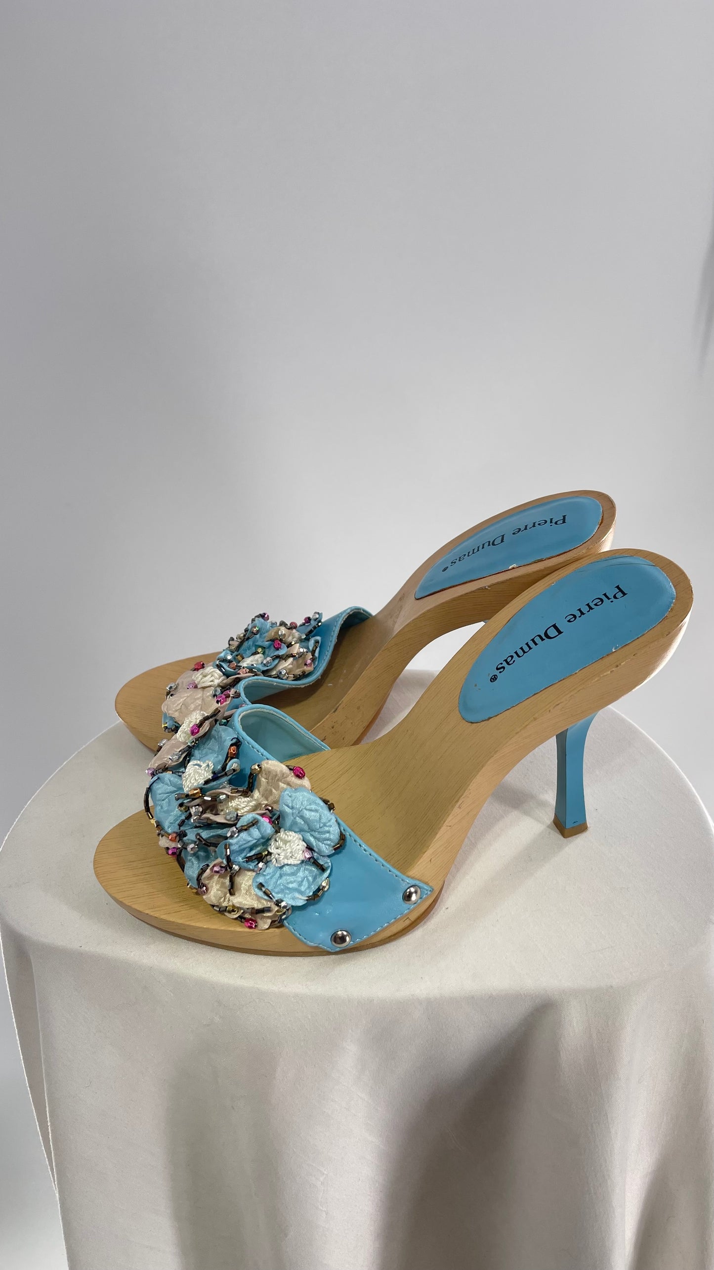 Pierre Dumas Baby Blue Wooden Heel with Beaded Floral Appliqués (9)