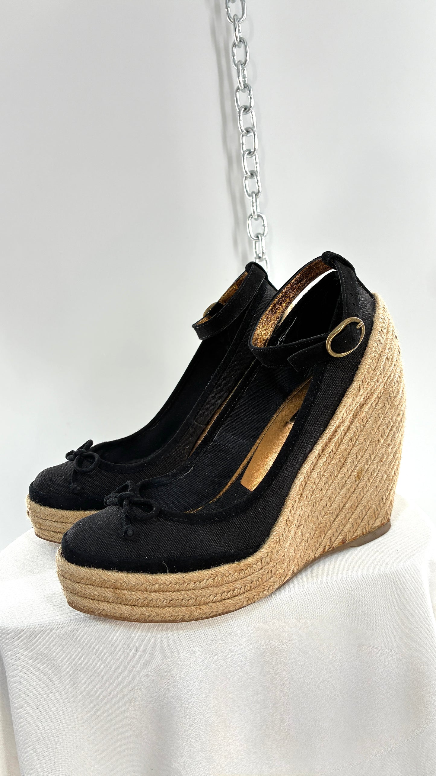 Vintage BCBG MAXAZRIA Black Ballet Wicker Wedge Heels Made in Spain (7)