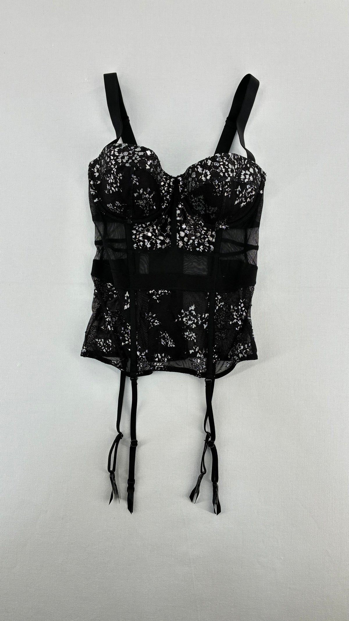 Deadstock Vintage VICTORIA’S SECRET Black and Silver Mesh, Lace Corset with Tags Attached (32C)