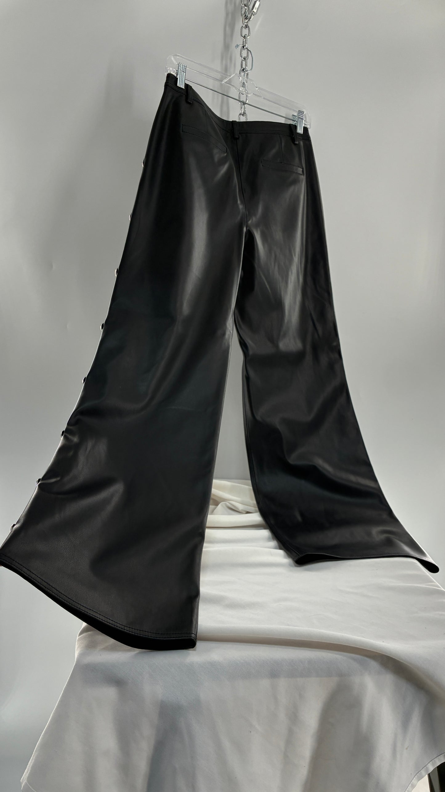 Vintage MILLY Black Vegan Leather Wide Leg Pants with Silver Oversized Studs