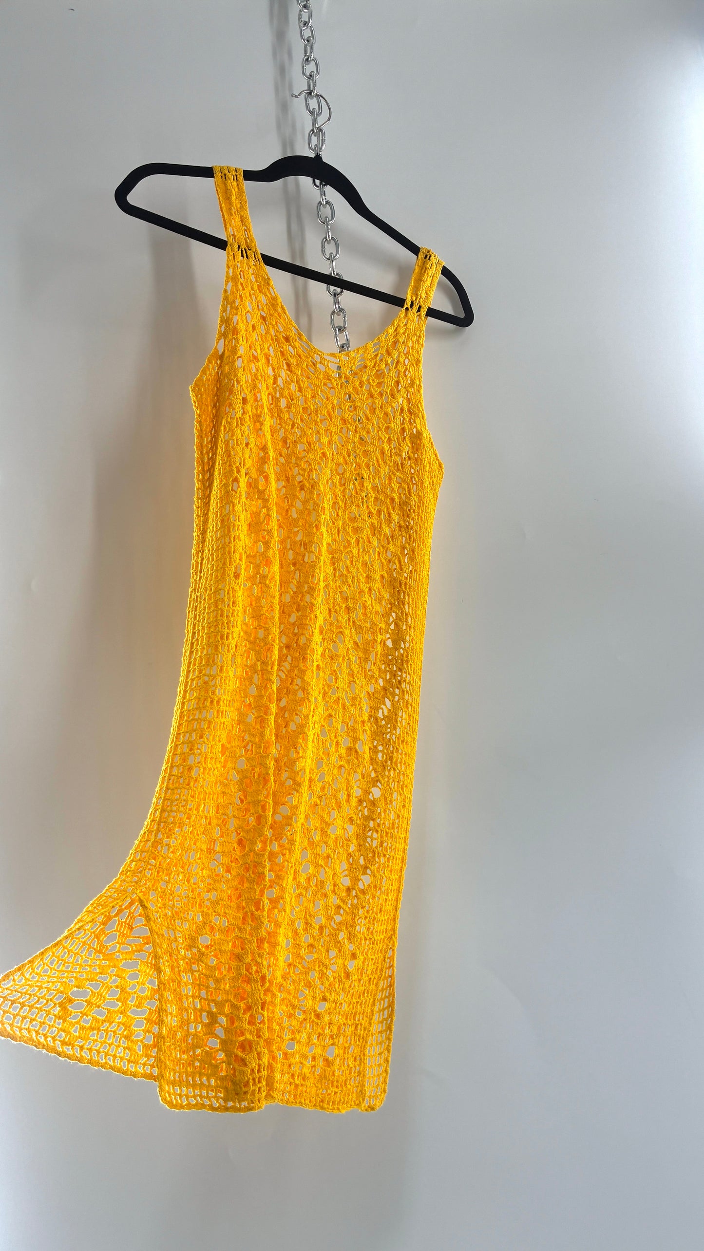 Vintage Brazilian Hand Knit Yellow Crochet Mini Dress (S/M)