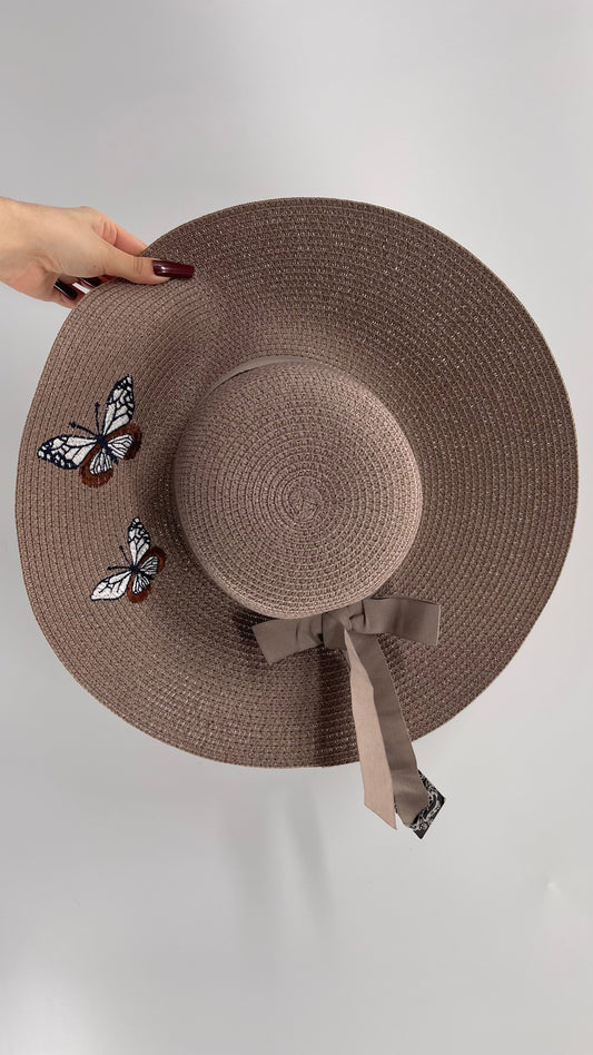 Deadstock Vintage Tan Brown Sun Hat with Bow, Embroidered Butterflies, and Tags Attached