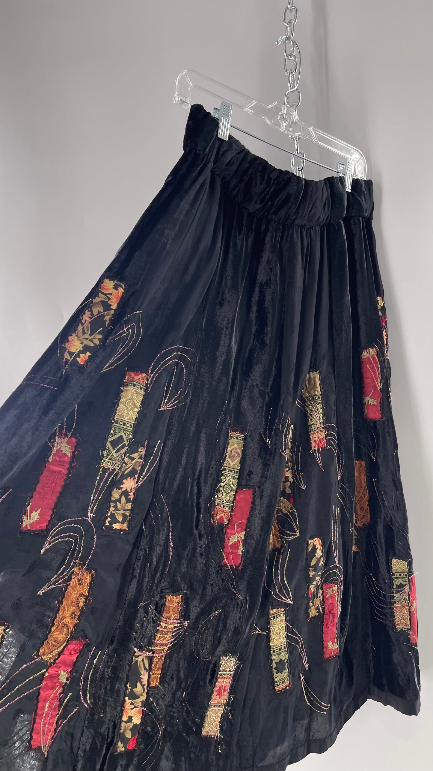 Vintage Black Velvet and Embossed Florals Patchwork Skirt with Metallic Stitch Detailing with Lining and Thick Waistline (M)