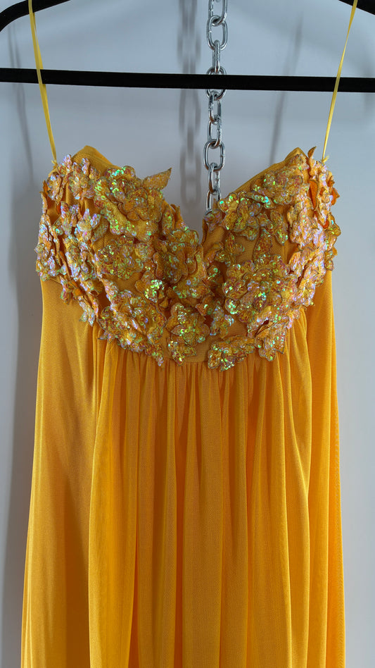 Vintage JAN’S BOUTIQUE Yellow Gown with Iridescent Sequin Appliqué Corseted Bust (6)