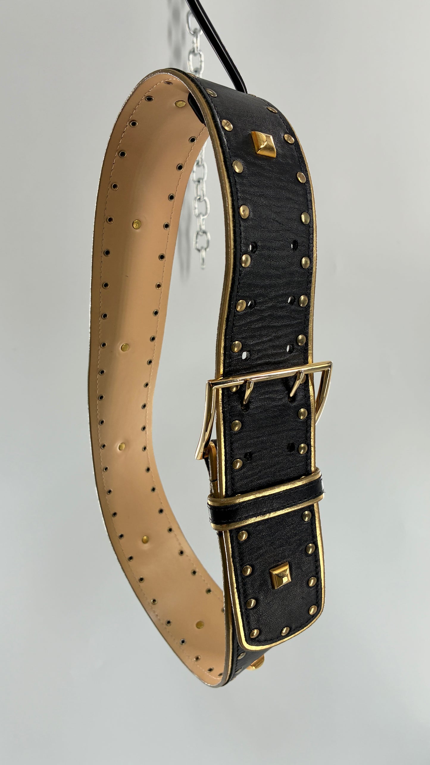 Vintage Wide Black Genuine Leather Belt with Studded Detailing and Oversized Buckle