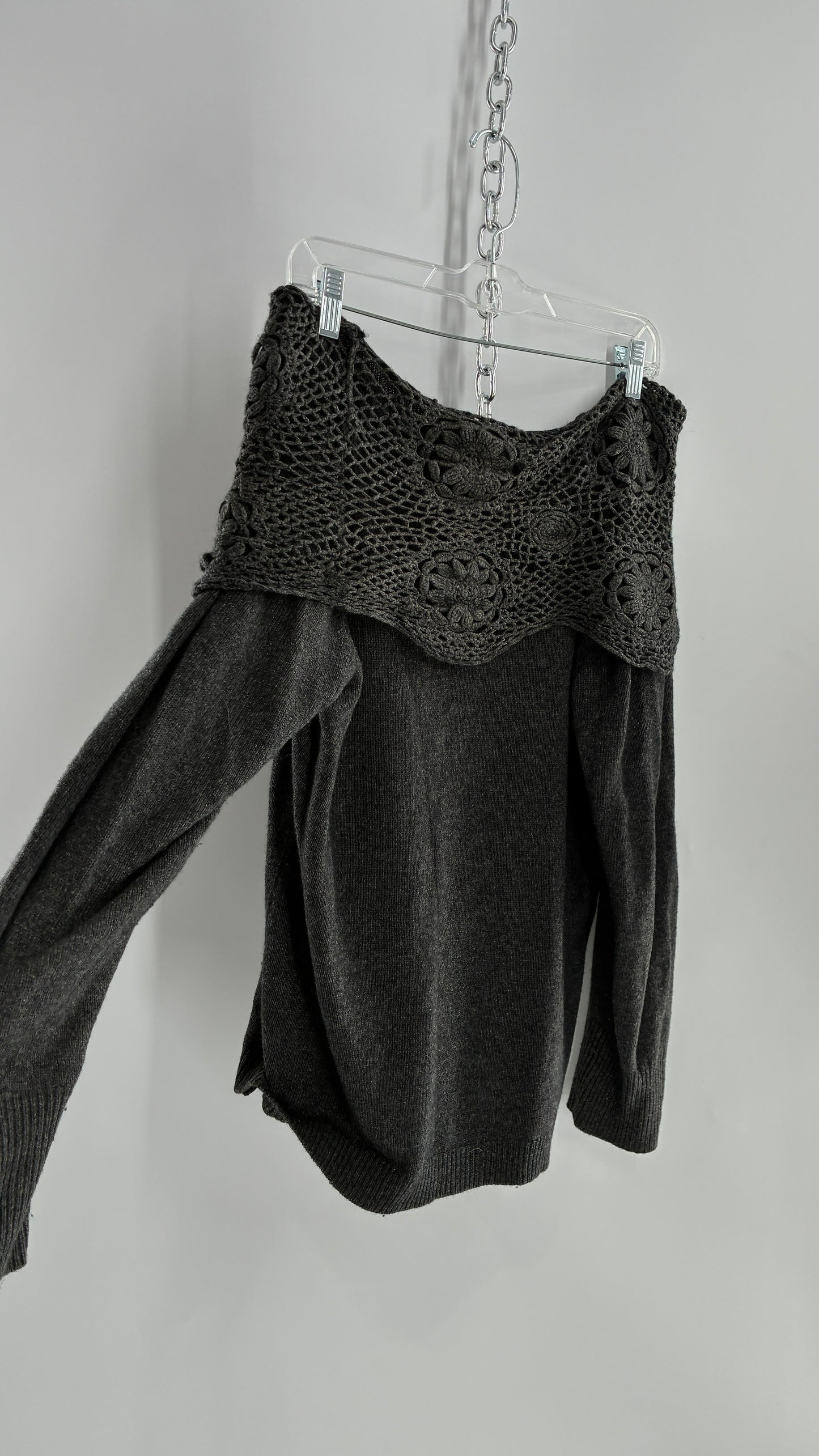 Vintage ELENA MIRO 29% Virgin Wool 8% Angora Wool 8% Cashmere Grey Off the Shoulder Crochet Band Sweater (Medium)