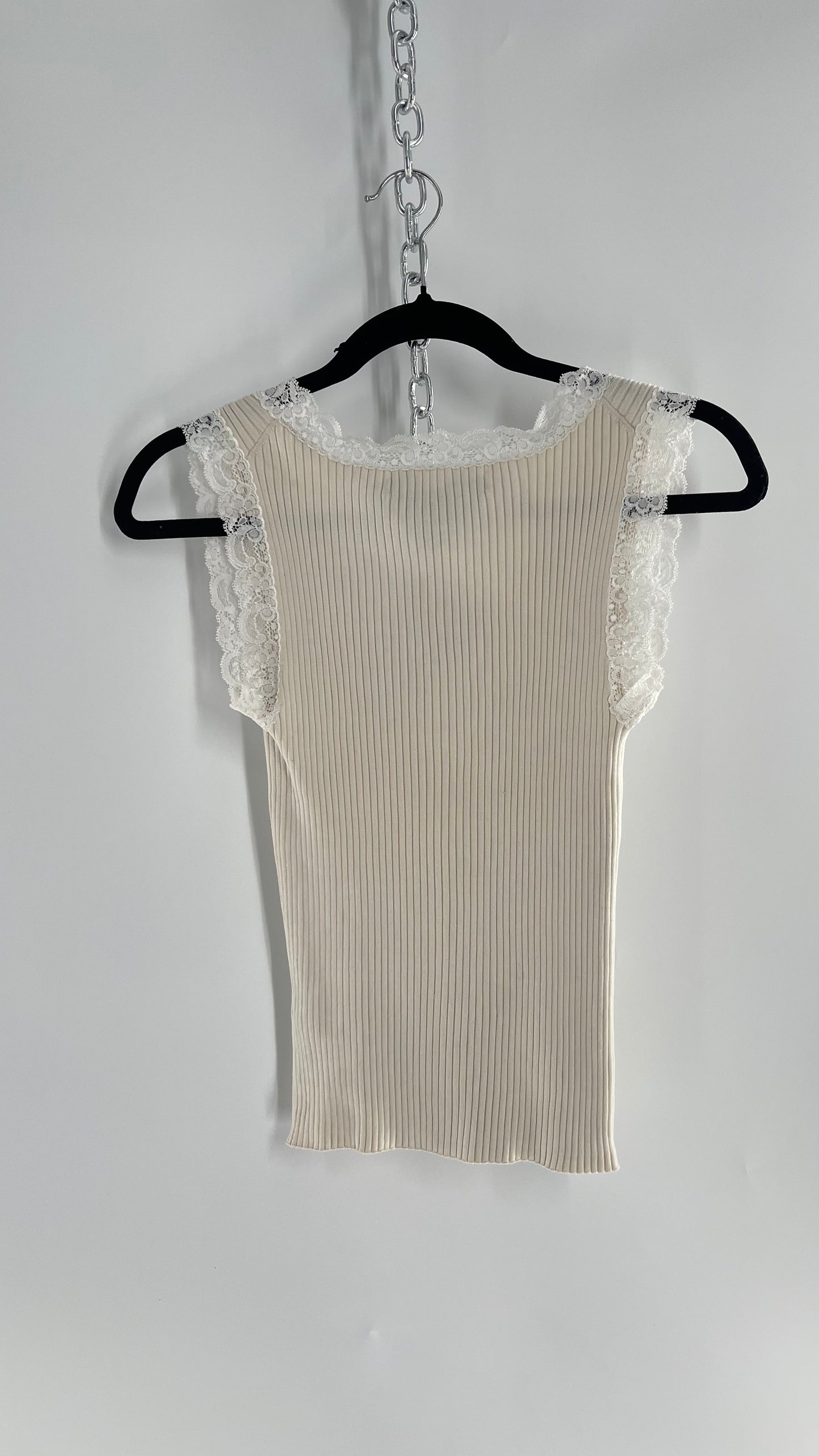 Vintage Josephine Chaus Ribbed Beige Tank with Lace Lining (Small)