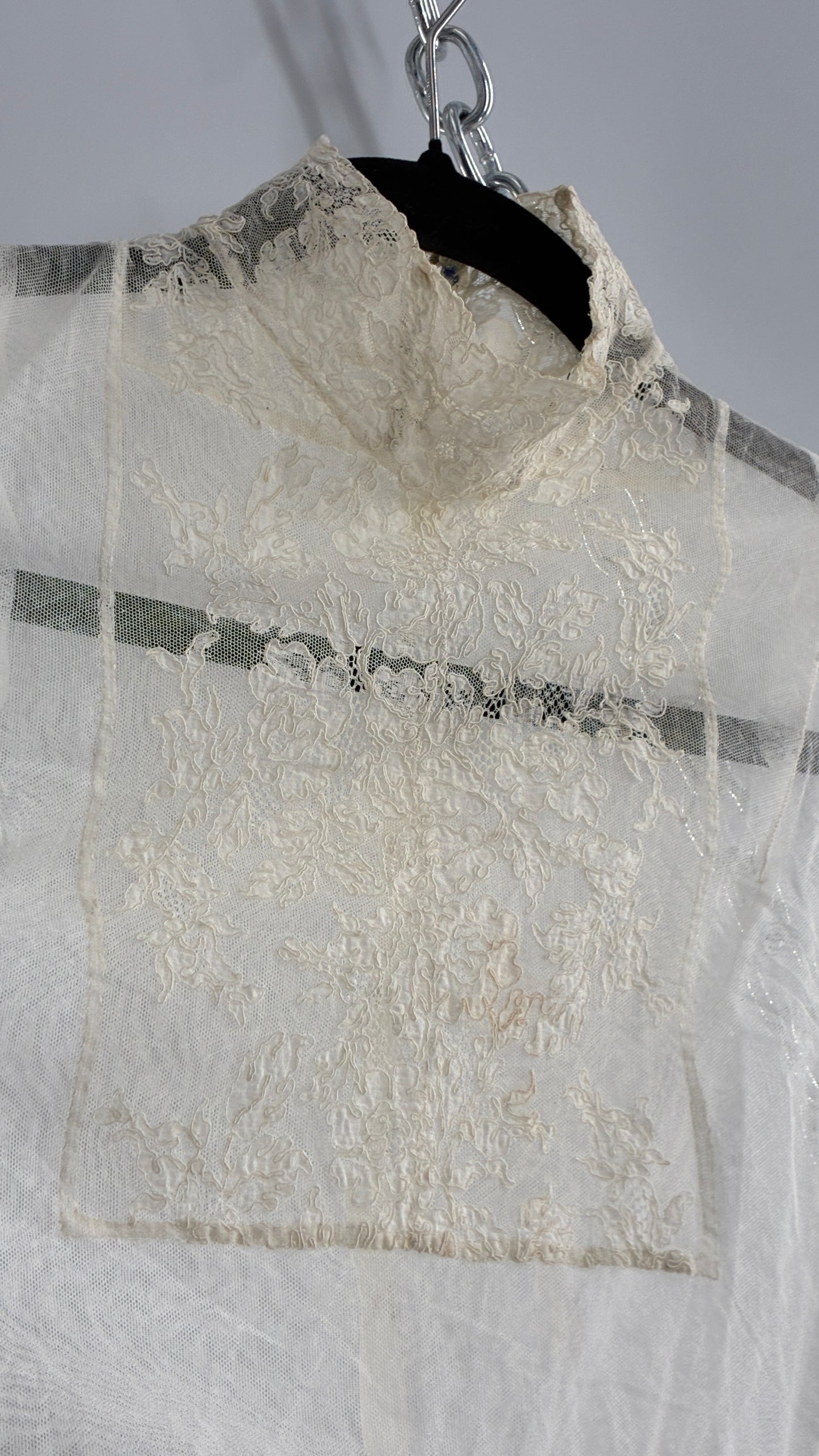 Vintage Antique Sheer Delicate Mesh, Mock Neck, Lace Paneled Camisole with Drawstring Waistline (XS/S)