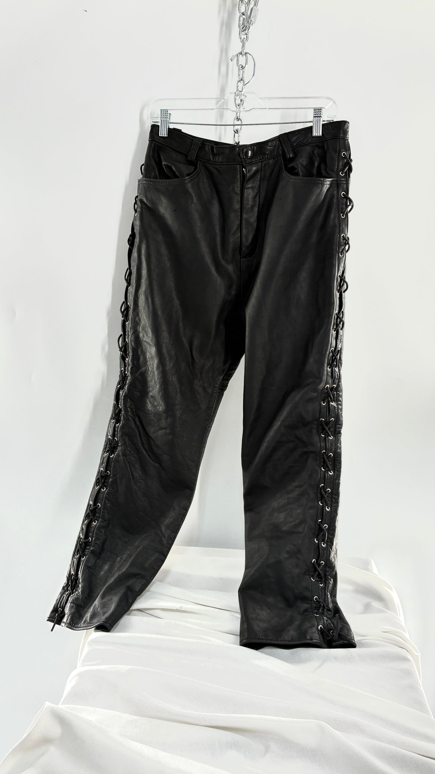 Vintage Thick Ultra Soft Black Leather Pants with Tie Up Sides (Medium)
