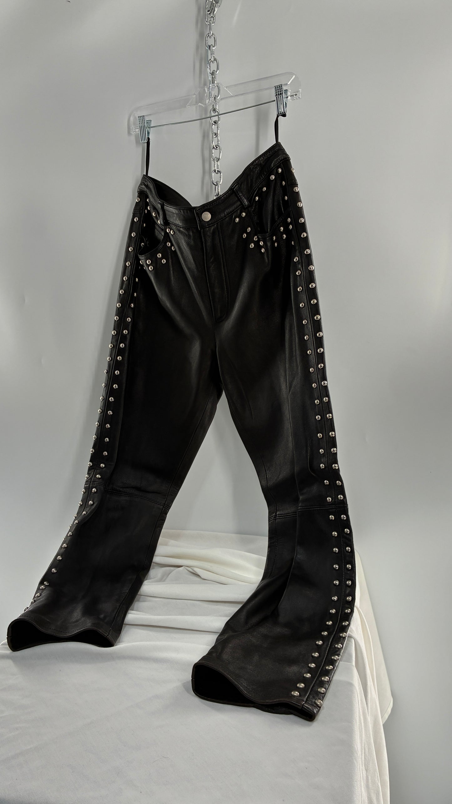 Vintage DKNY Genuine Leather Black Hip to Hem Studded Straight Legs (12)