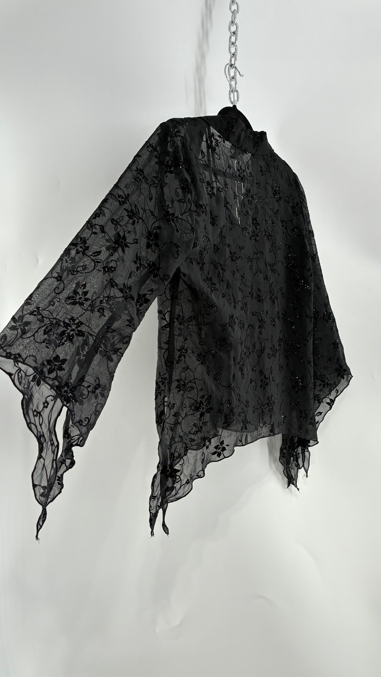 Vintage Black Handkerchief Hem Button Front Velvet Patterned Blouse (Medium)