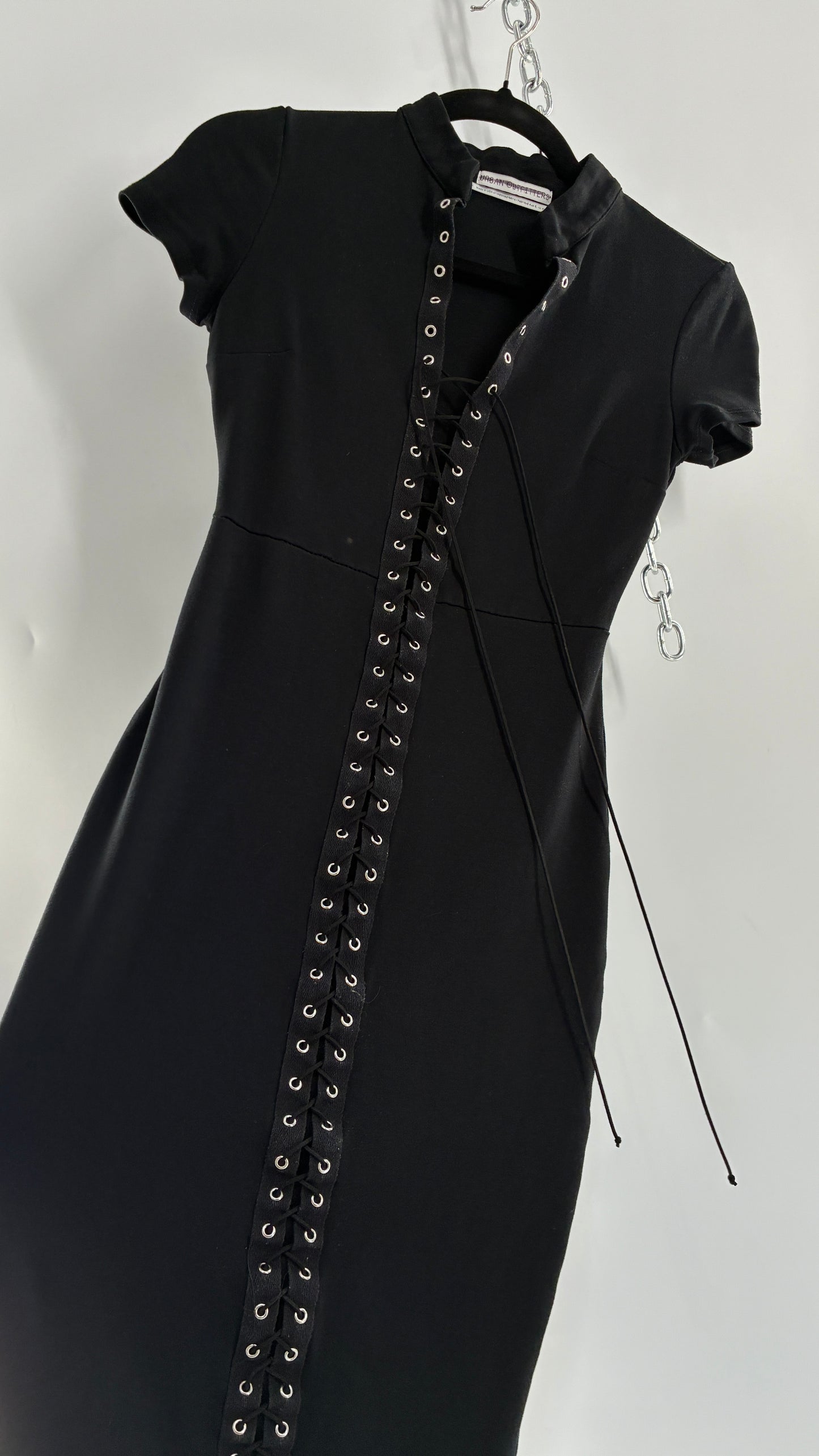 Urban Outfitters Black Midi Bodycon Dress with Tie Up Front and Vented Hem (XS)