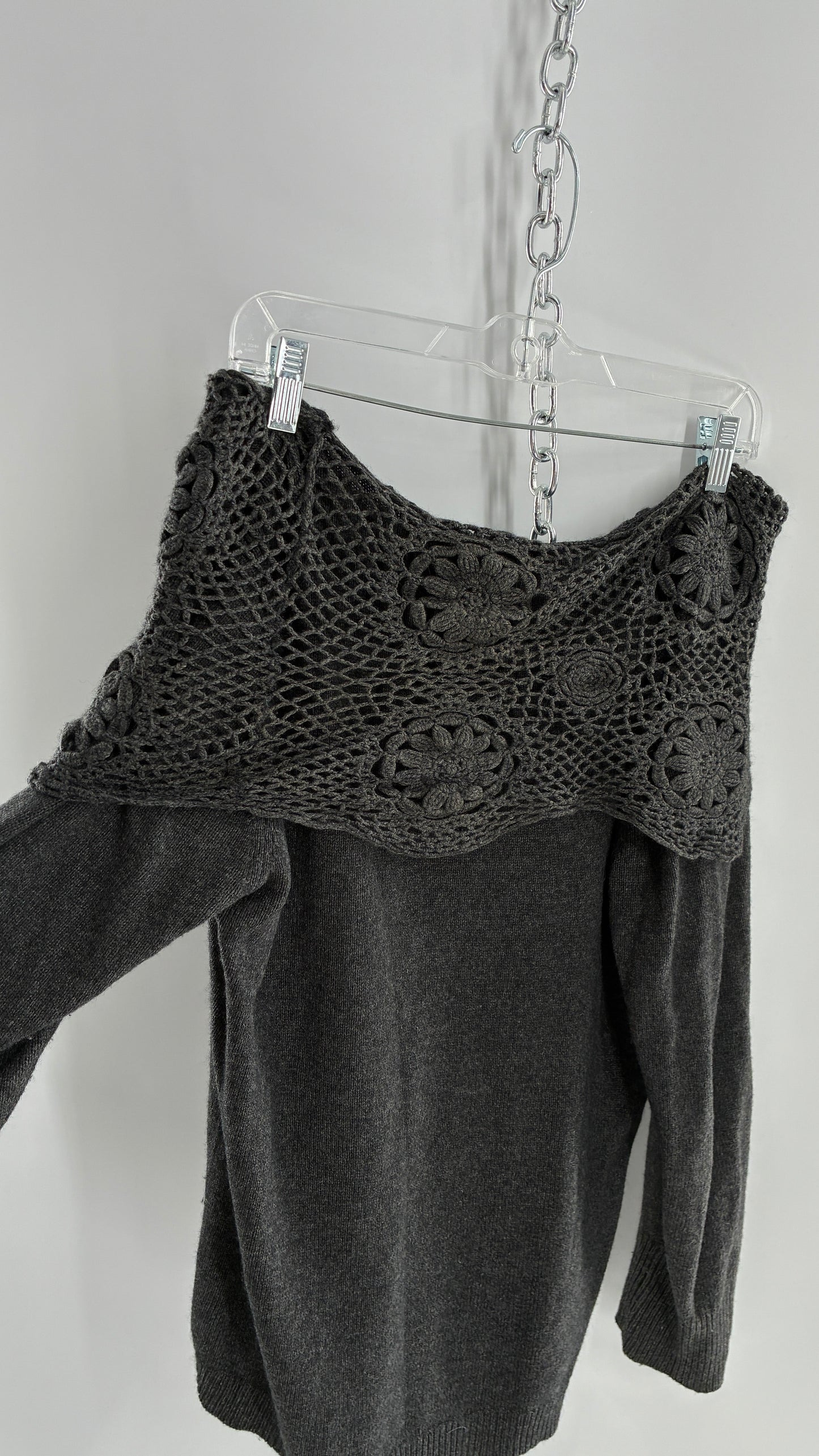 Vintage ELENA MIRO 29% Virgin Wool 8% Angora Wool 8% Cashmere Grey Off the Shoulder Crochet Band Sweater (Medium)
