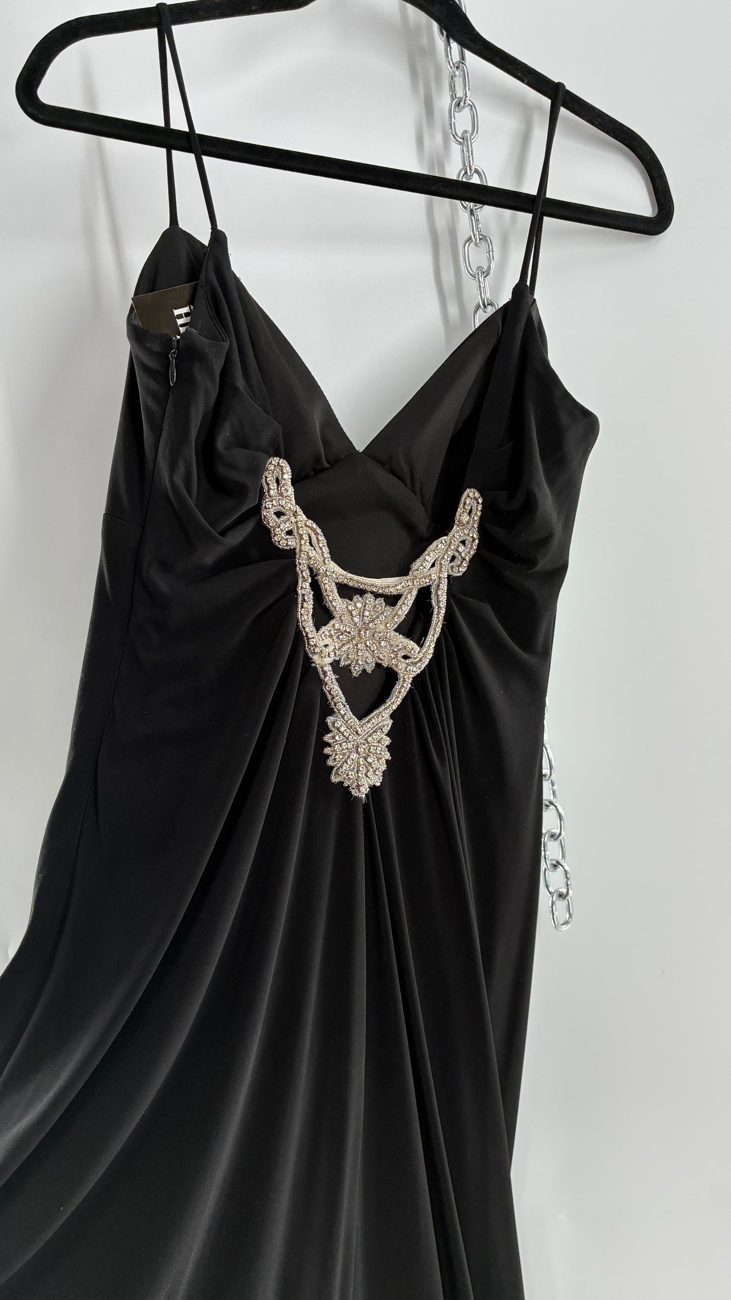 Vintage JS COLLECTION Black Full Length Gown with Jeweled Appliqué and Pleated Back (12)