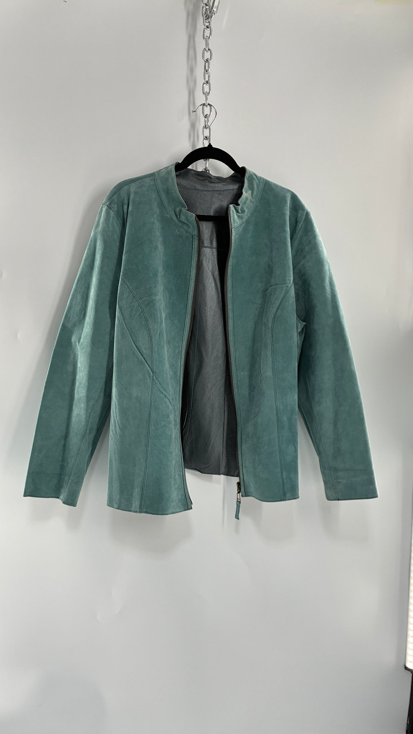 Vintage 1990s Metallic Blue Genuine Leather and Suede Reversible Thin, Zip Up Moto Jacket (XXL)