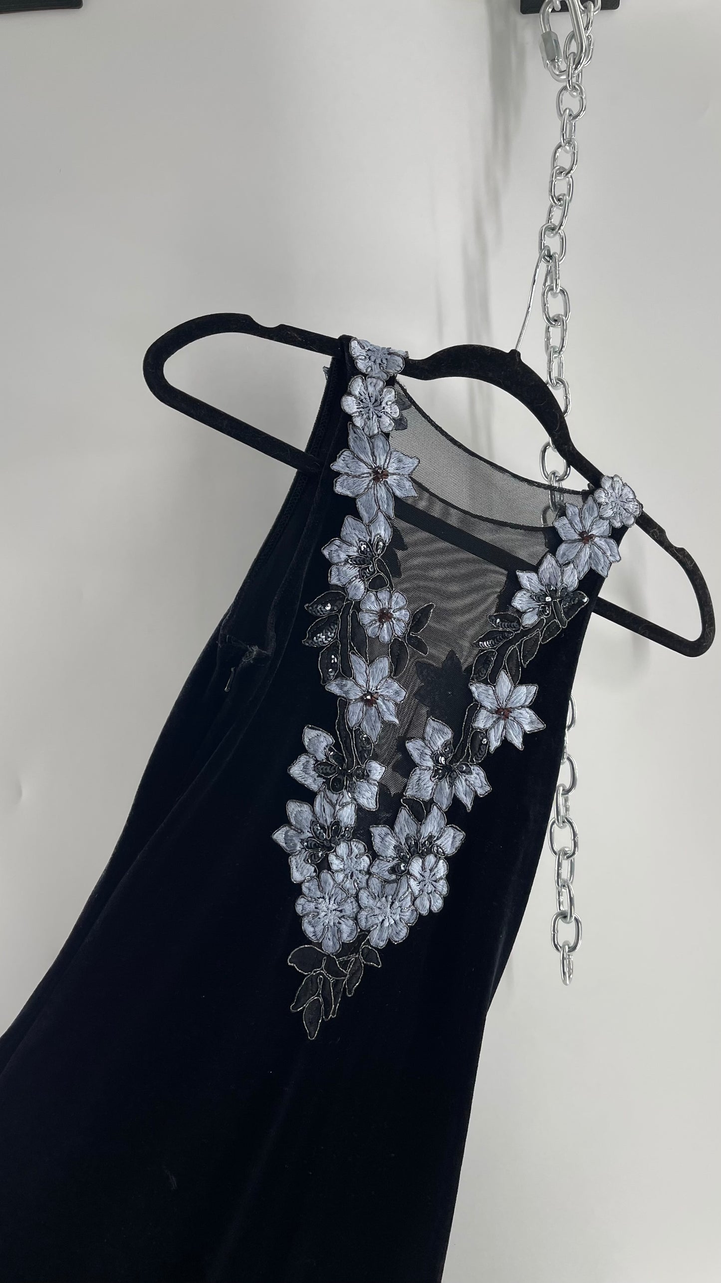 Vintage Jessica McClintock Black Velvet Fit And Flare Gown with Plunging Neckline Covered in Embroidered Beaded Pale Blue Flowers (2)