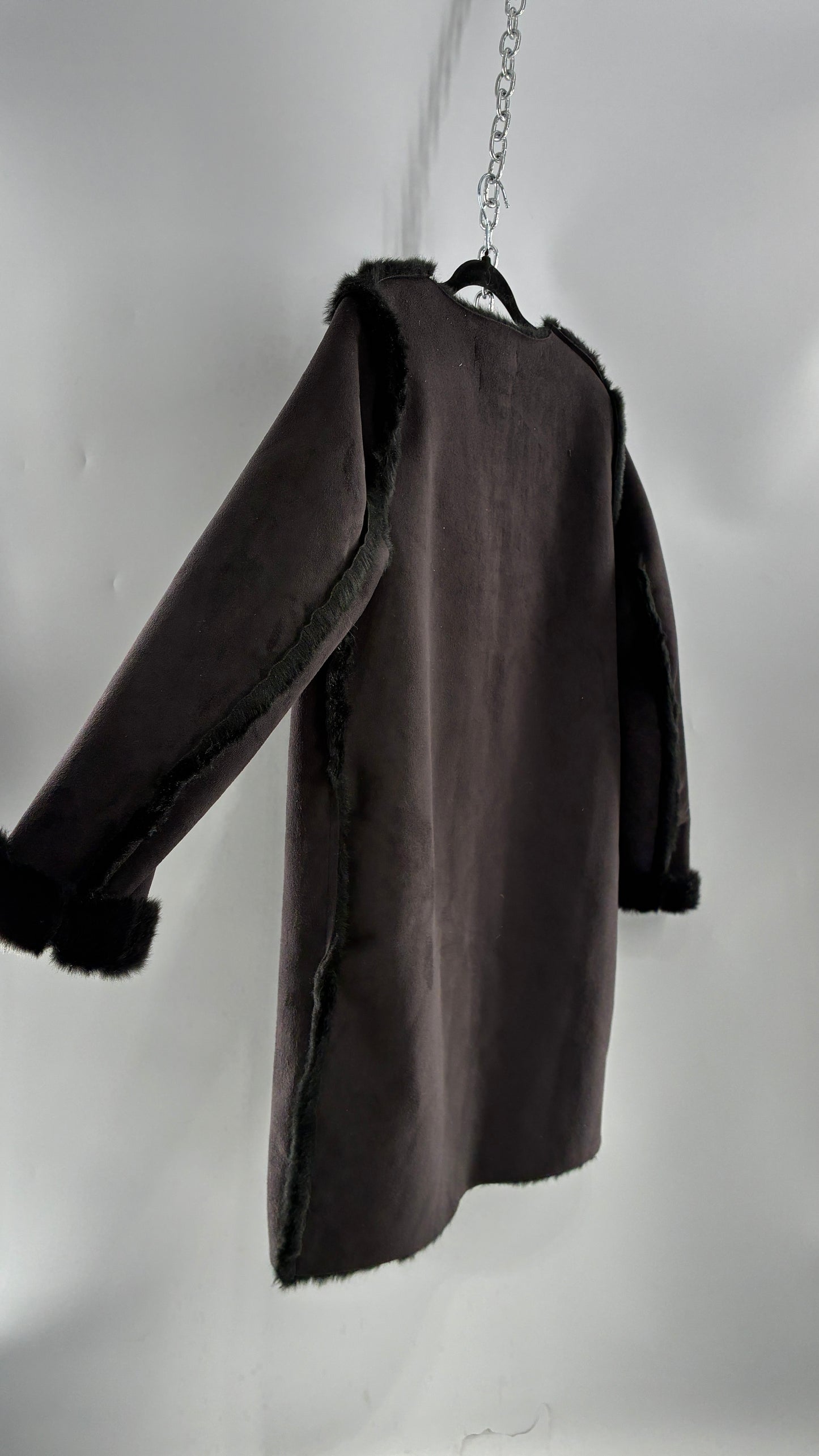 Vintage H&M Black Faux Suede Coat with Faux Fur Piping (12)