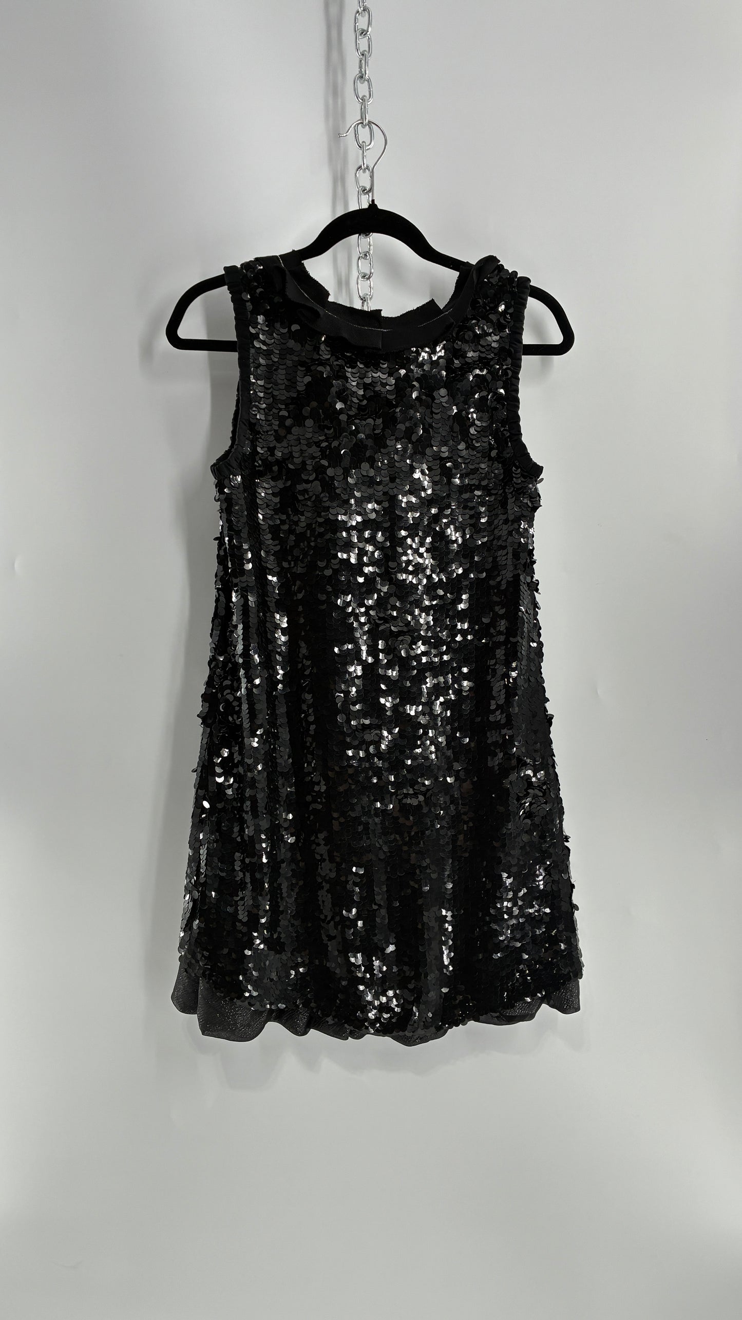 HANII Y. Black Sequin Mini Dress with Beaded, Pleated Ribbon Neckline and Bubble Hem (40)