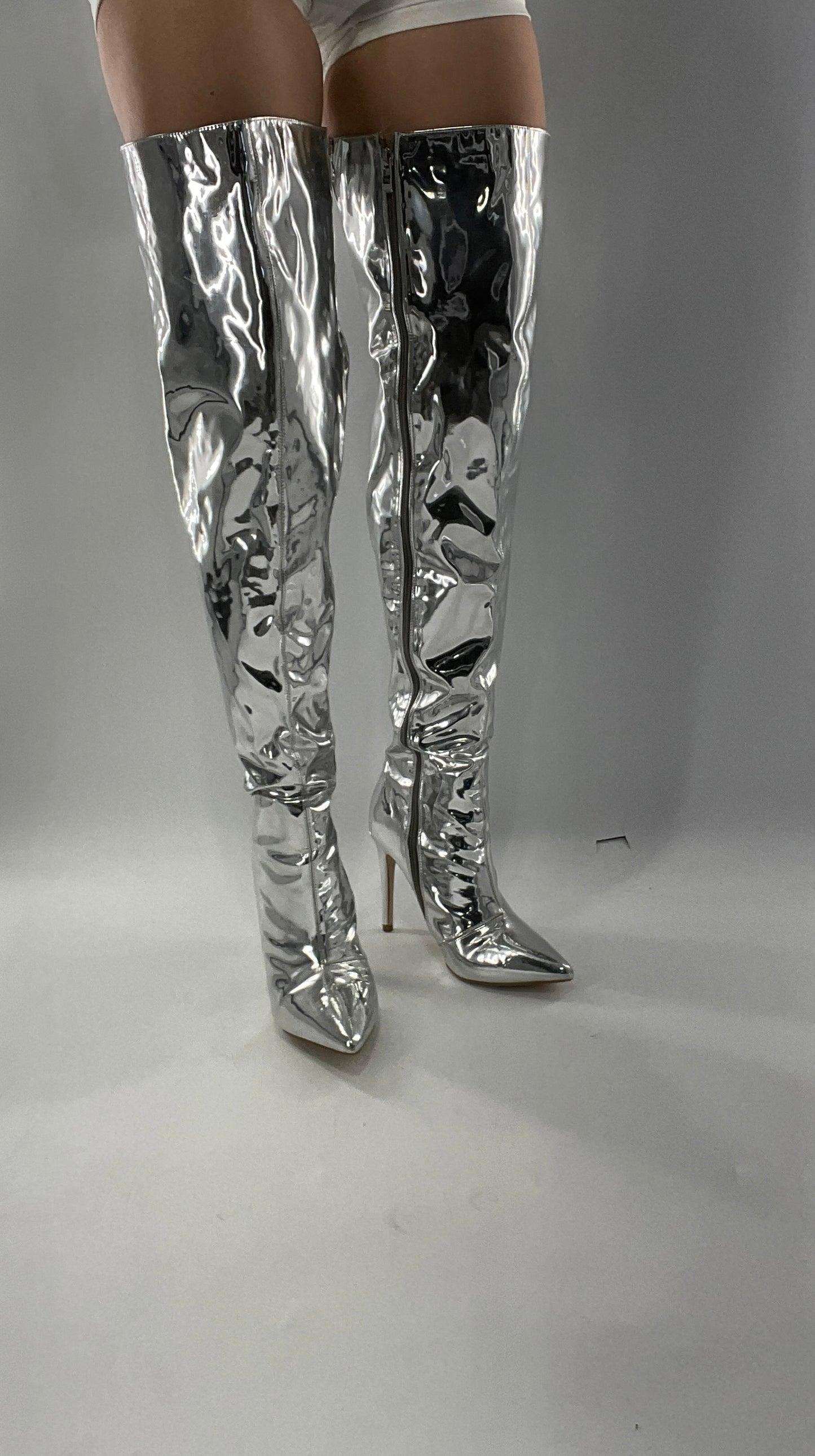 Vintage Chrome Platinum Mirrored Thigh High Molten Metal Sky High Boots Space Cadet/Concert (7)