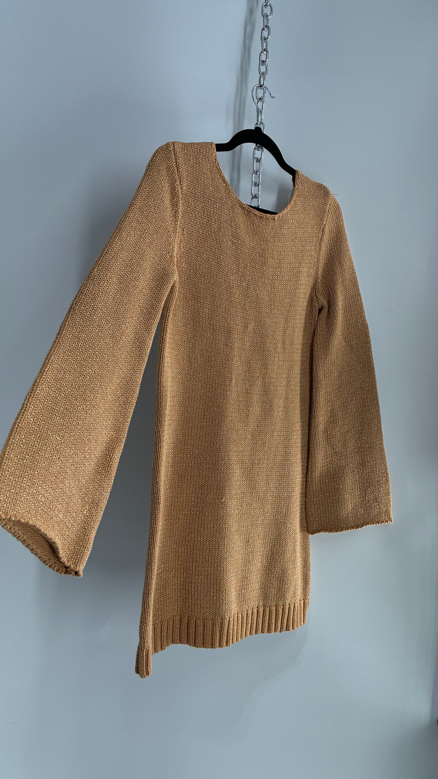 Some Days Lovin Gold Tinsel Knit Bell Sleeve Mini Dress (Small)