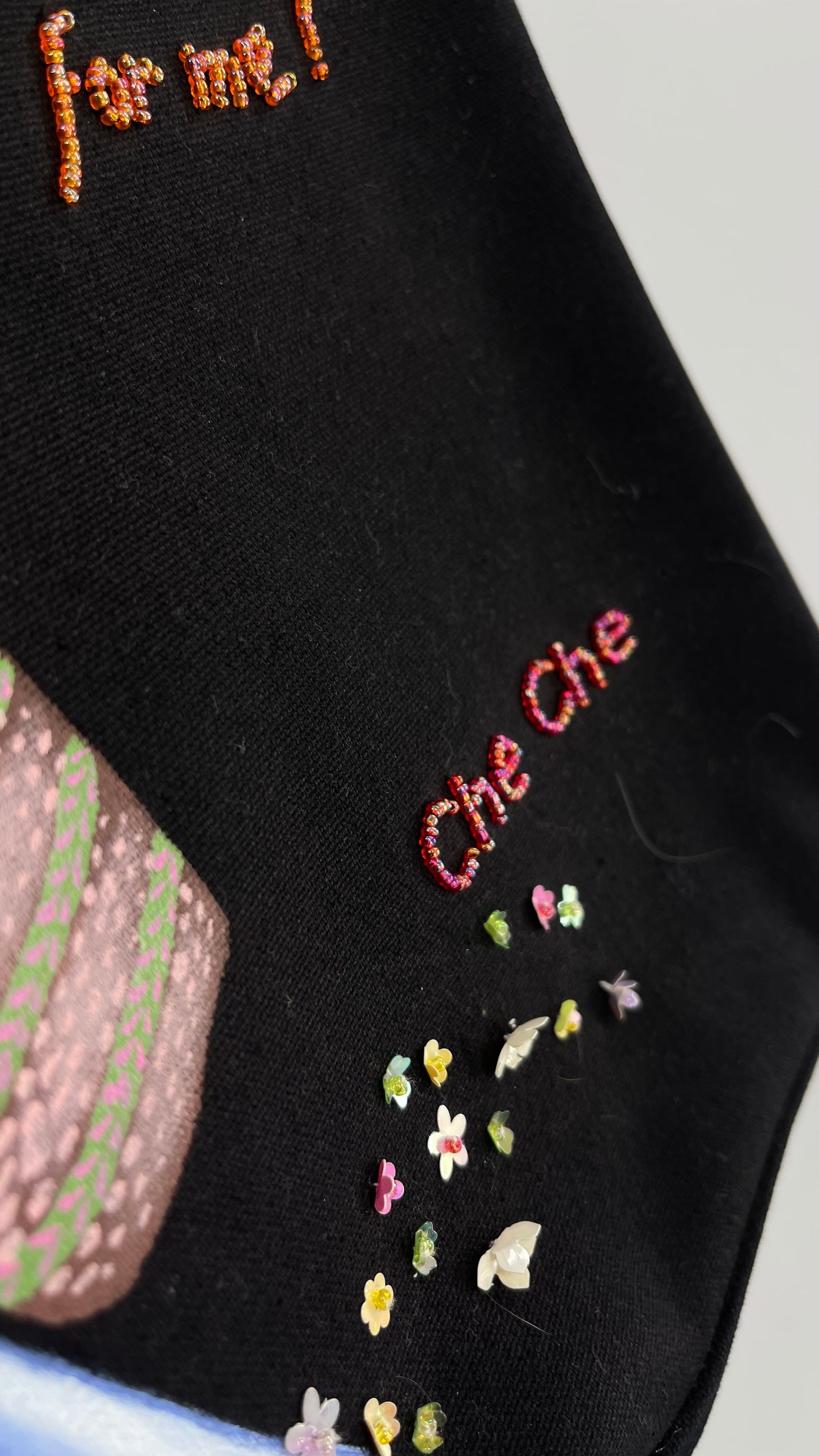 Vintage 1990s Che Che Black Tote Bag with Beaded “Smile a little smile for me!” Motif