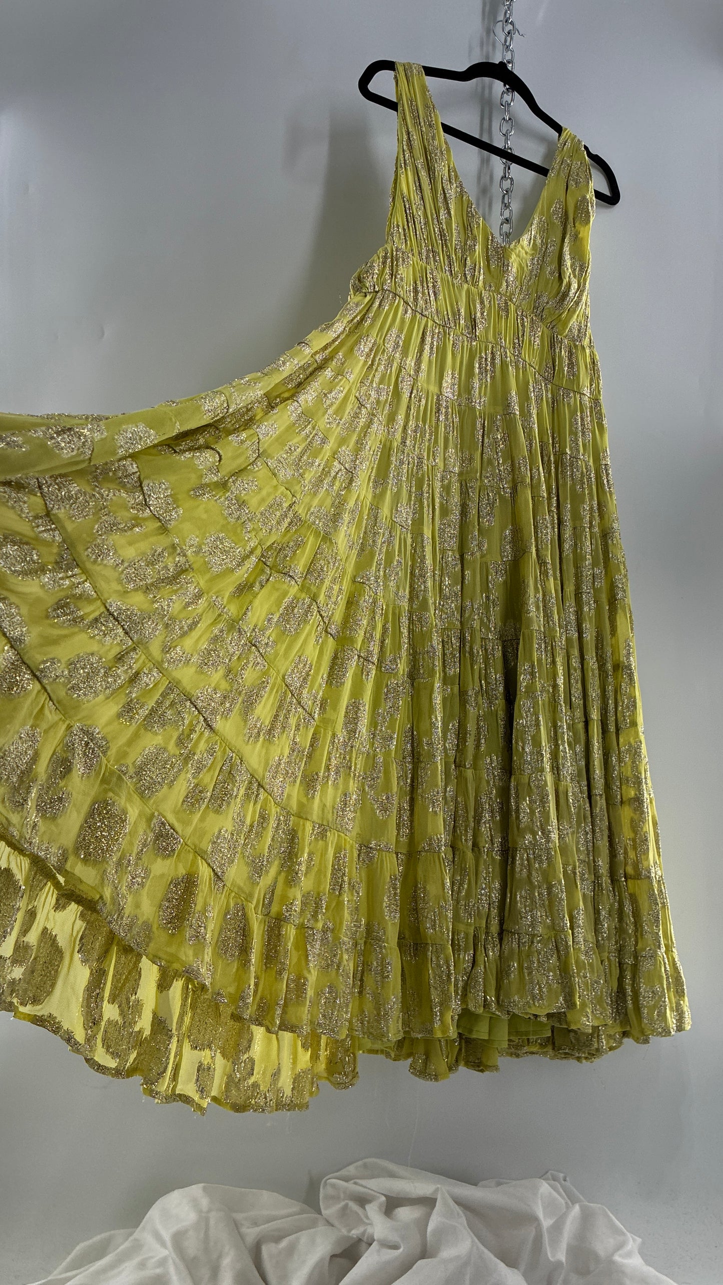 LET ME BE Lime Yellow/Green Ultra Voluminous Tiered Dress with Gold Metallic Jacquard Appliqué Pattern (XL)