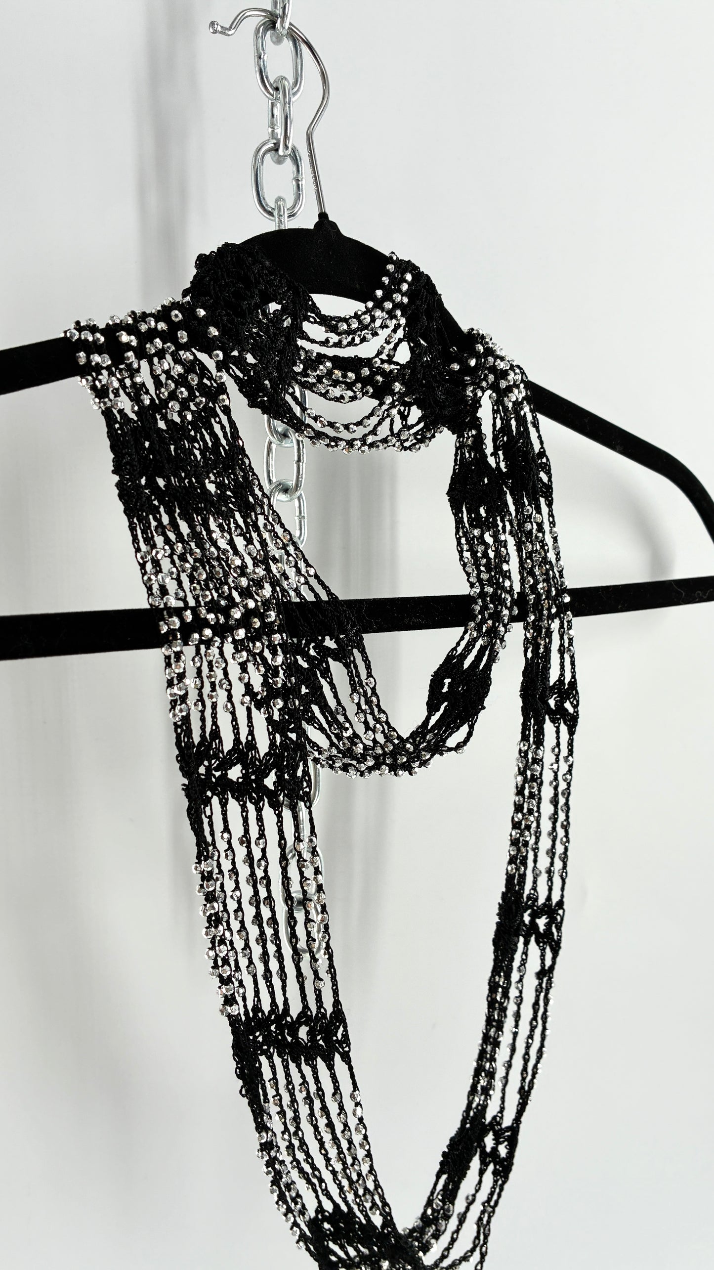 Vintage Black Crochet Infinity Scarf with Silver Pebble Beading