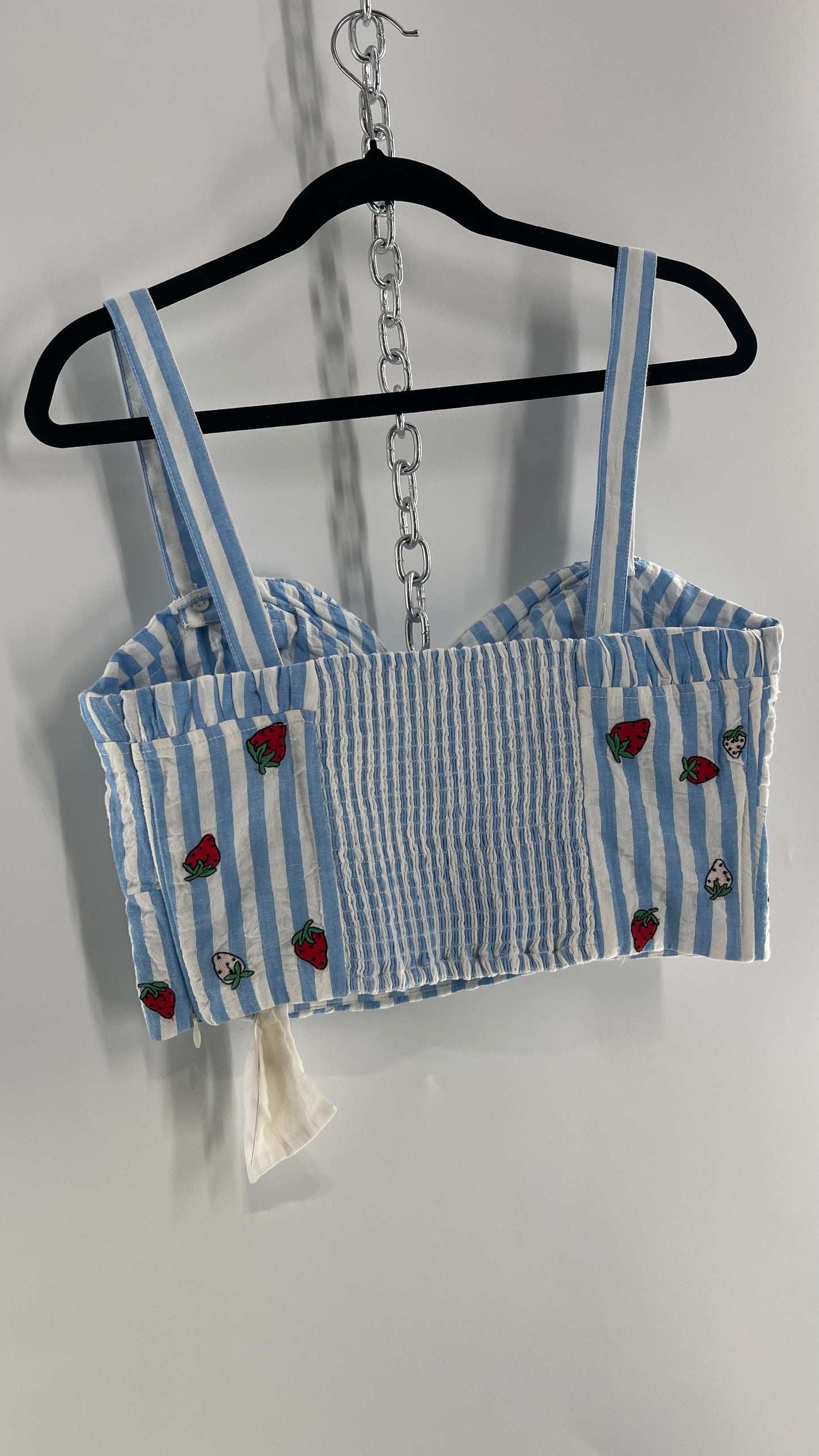 Maeve Anthropologie Baby Blue White Striped Corset Like Crop with Embroidered Strawberries with Tags Attached (12)