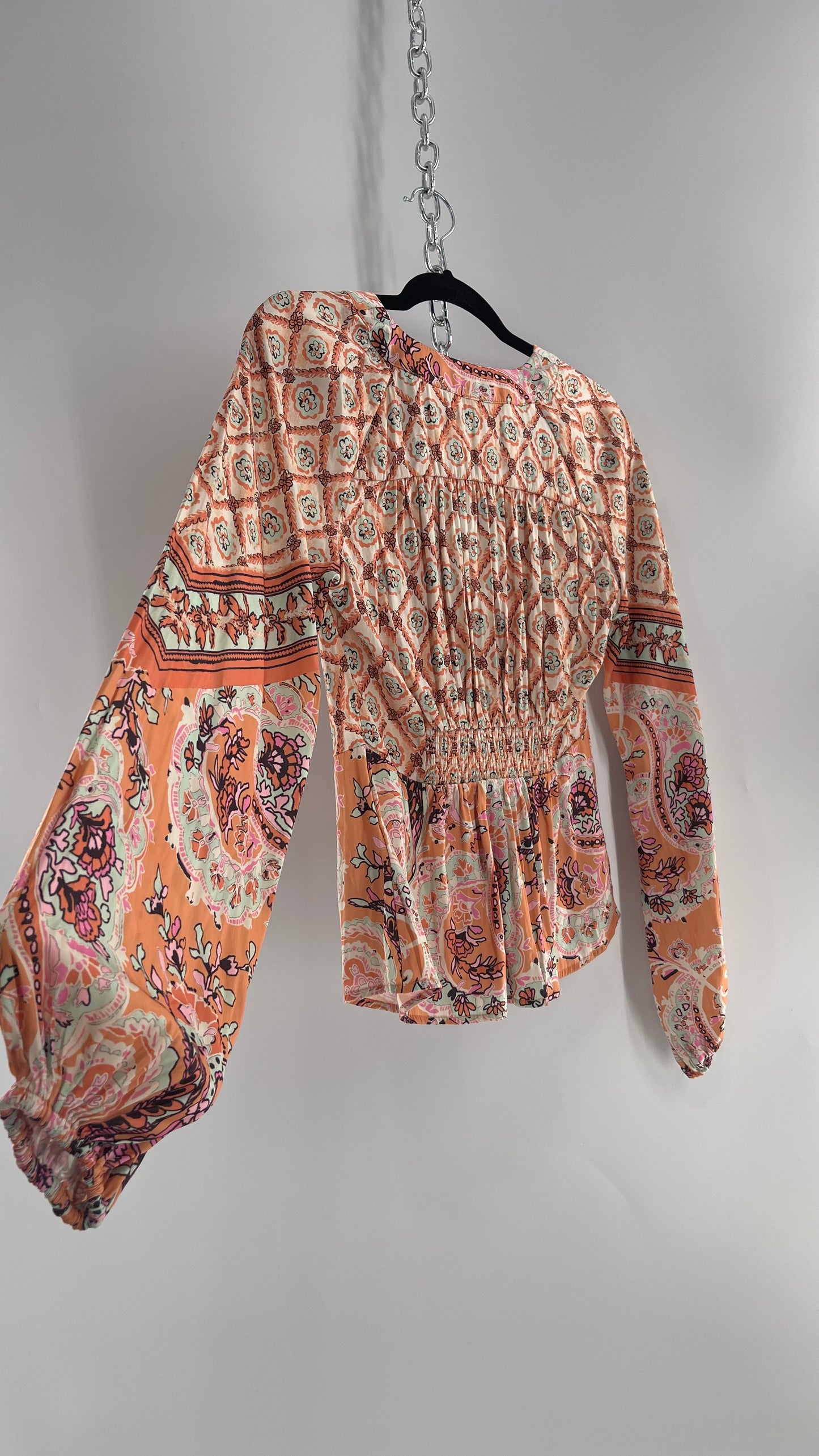 Free People Orange Pastels Paisley Blouse with Bust Tie and Balloon Sleeves (XS)