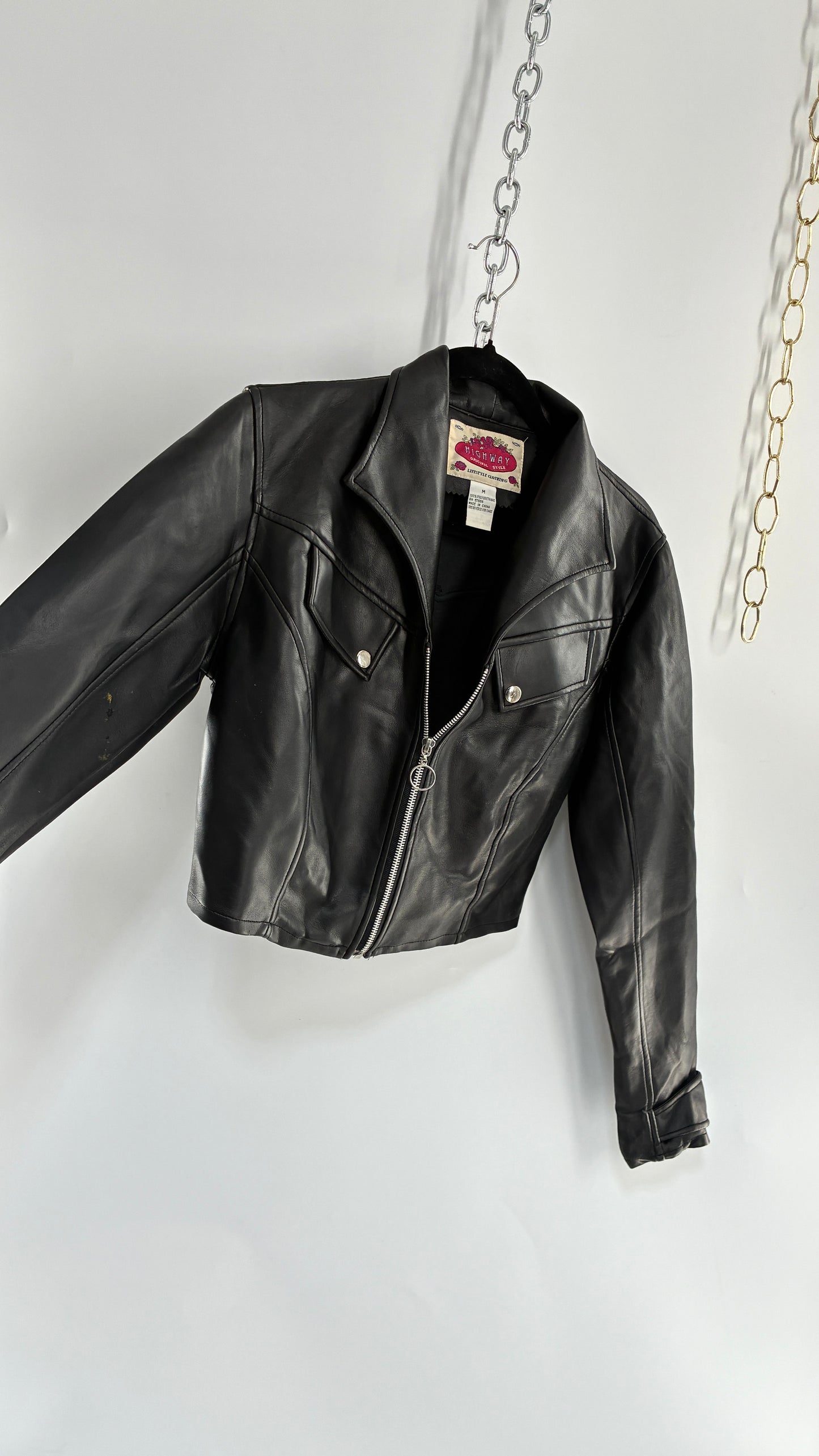 Vintage 1990s HIGHWAY Black Vegan Leather Cropped Jacket (Medium)