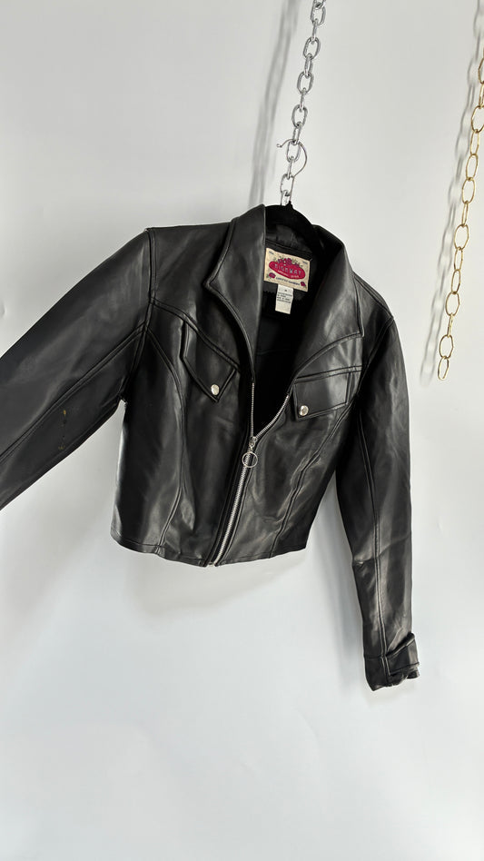 Vintage 1990s HIGHWAY Black Vegan Leather Cropped Jacket (Medium)