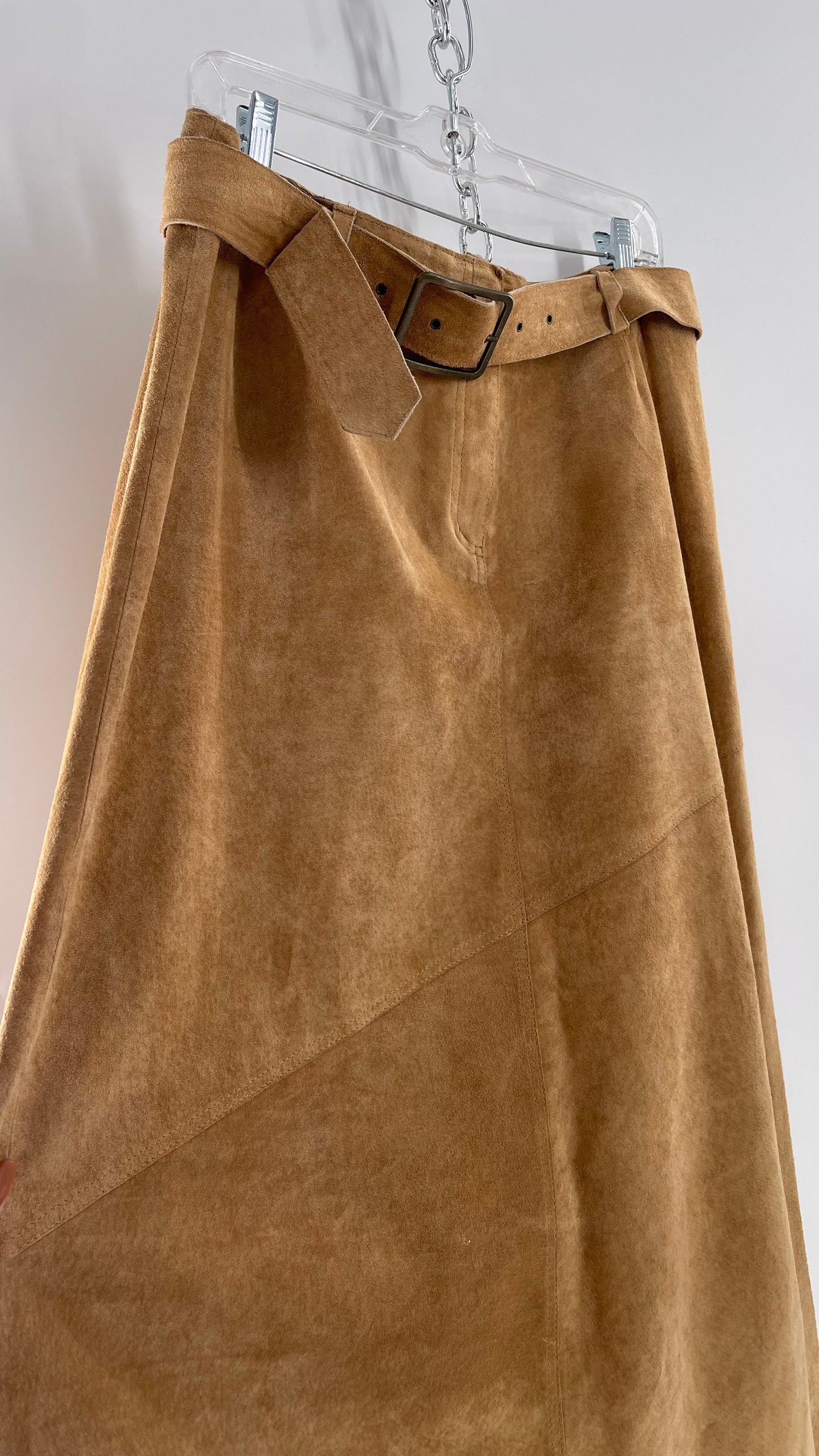 Vintage Margaret Godfrey Tan Suede Low Rise Full Length Skirt with Grommet Belt (14)