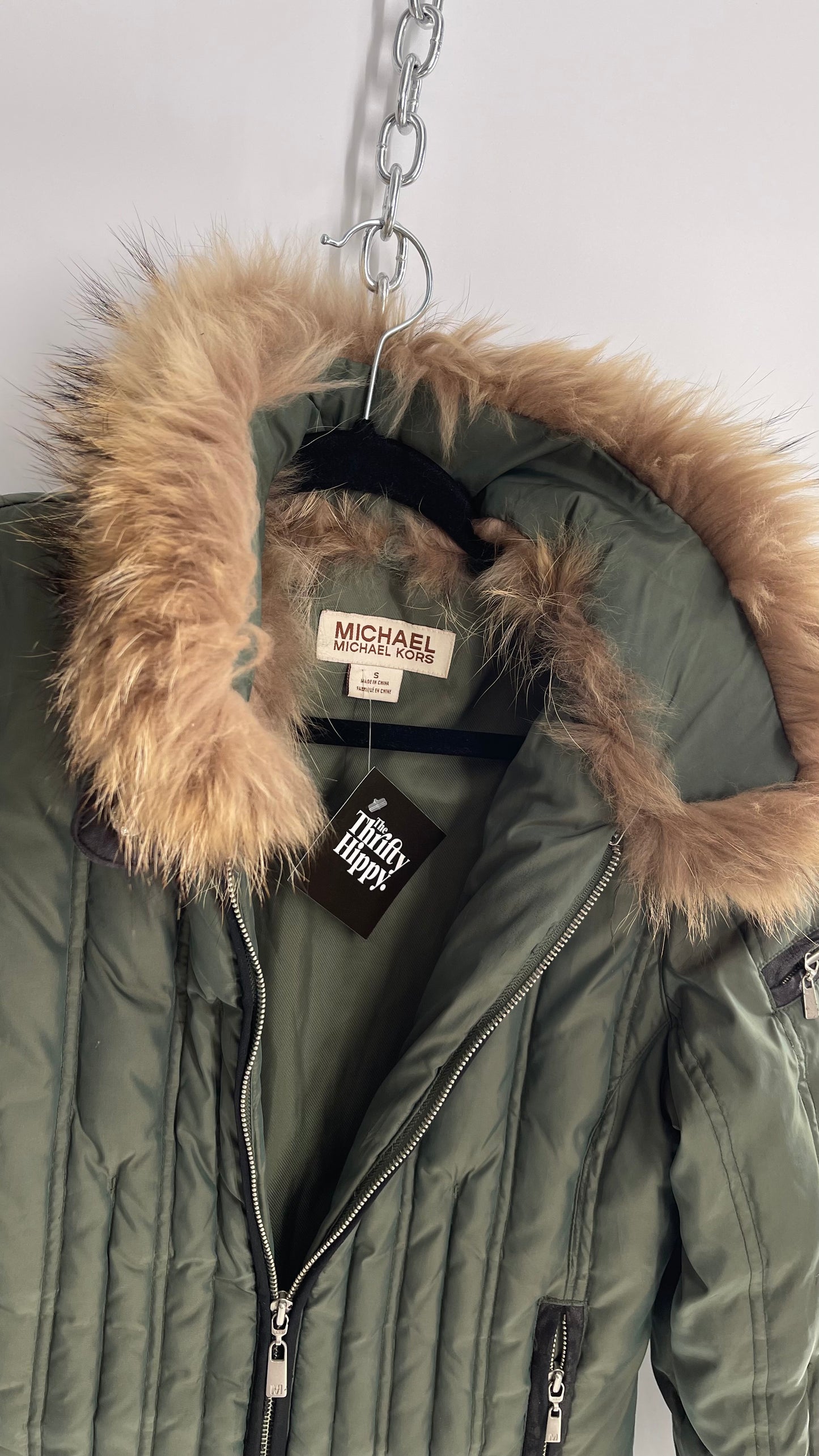 Vintage Michael Kors 1990s Army Green Puffer with Raccoon Fur Hood Waterfowl and Down Filling (Small)