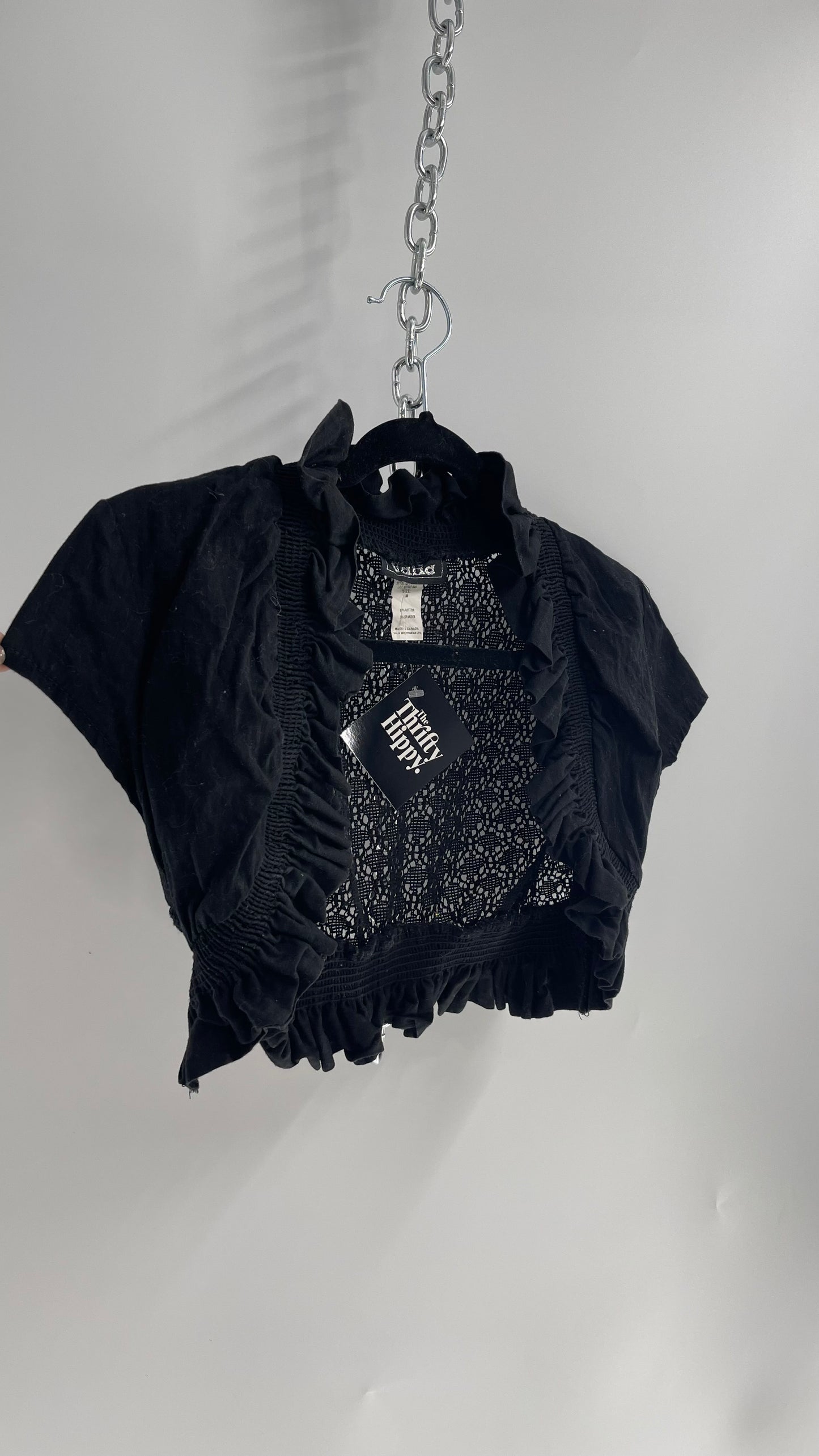 Vintage Valid 1990s Black Lace Crochet Shrug (Medium)