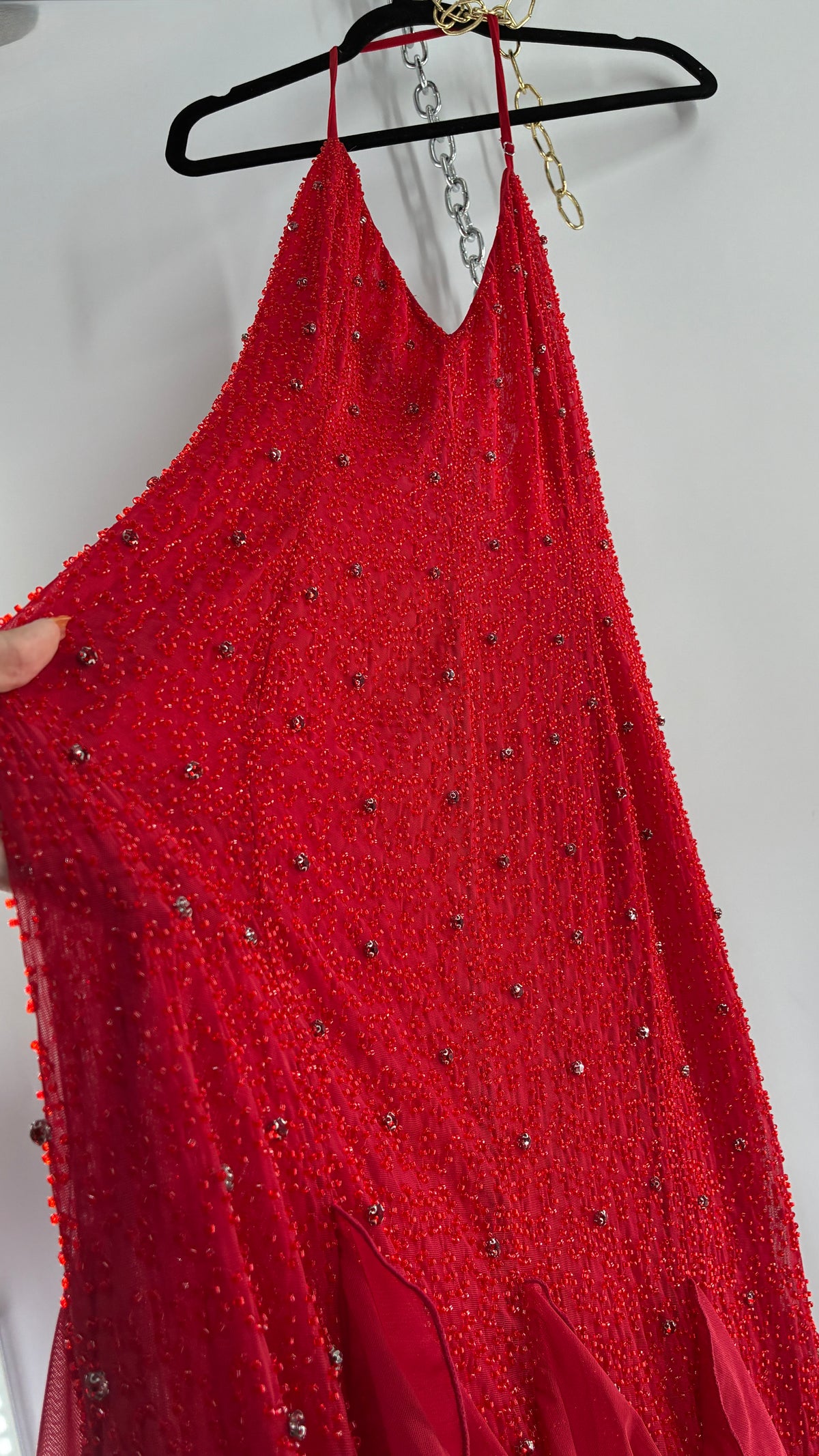 OH POLLY Red Beaded Gown with Ruffled Detailing NWOT (14)