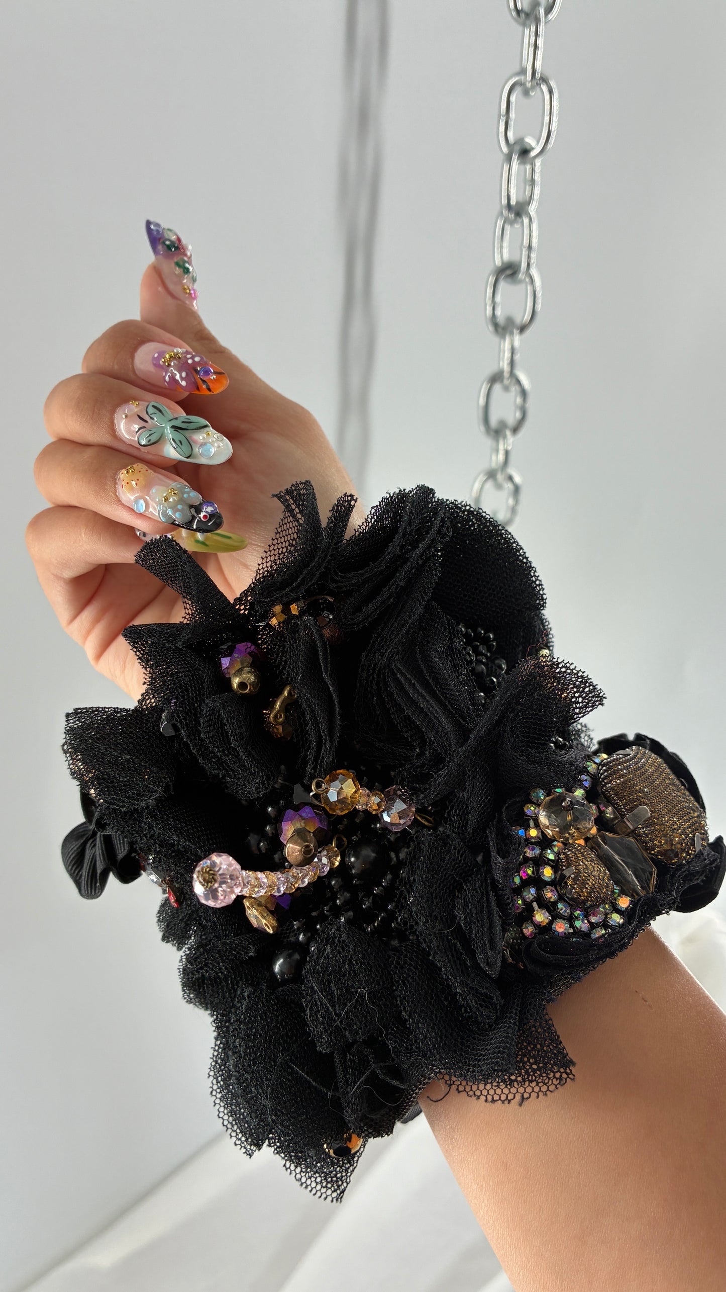Vintage Black Tulle Jeweled Maximalist Statement Cuff Bracelet