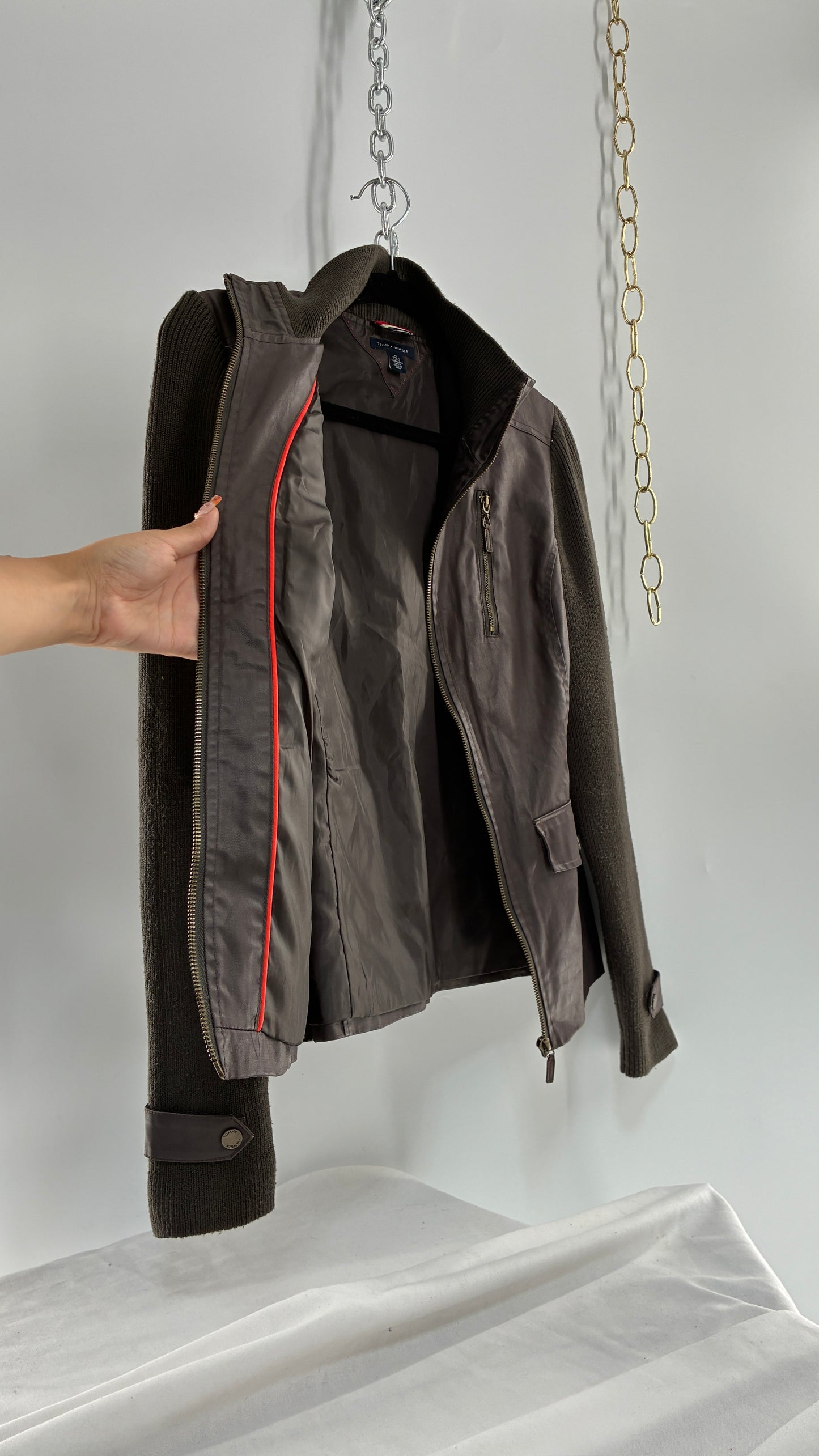 Vintage TOMMY HILFIGER Waxed Denim and Knit Sleeve Jacket (Small)