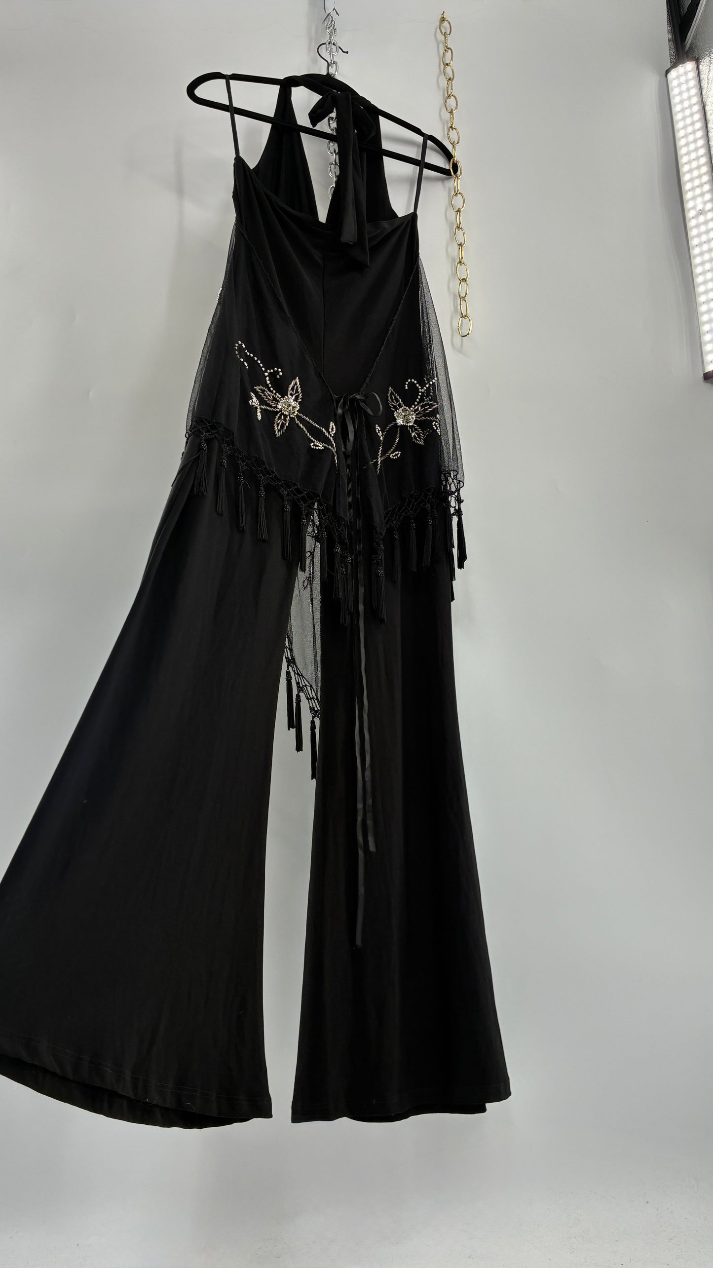 Vintage JANICE Black Jumpsuit with Fringe Embroidered Waist Detail (Large)