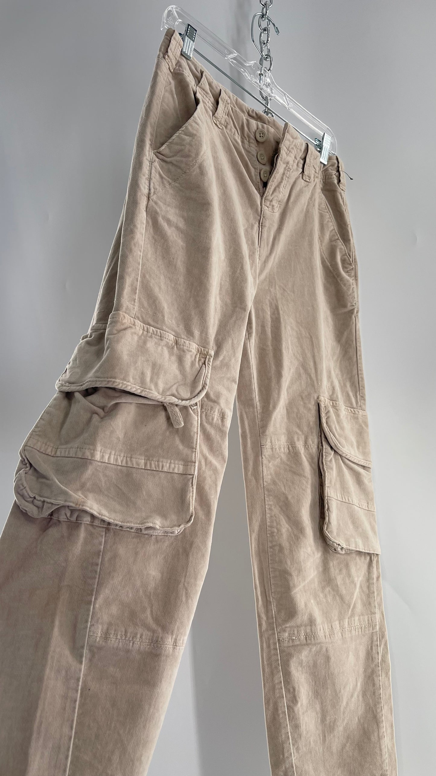 Free People Ultra Soft Velvet/Corduroy Gray/Beige Baggy Cargos with Side Pockets (2)