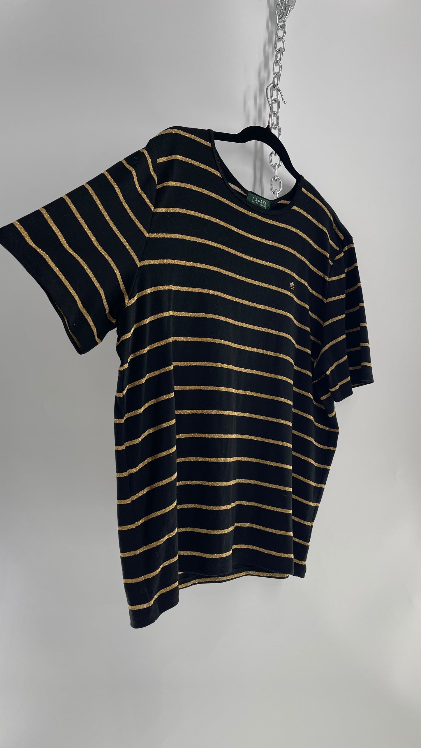 LAUREN Ralph Lauren Gold Glitter Striped T Shirt with Tags Attached (2X)