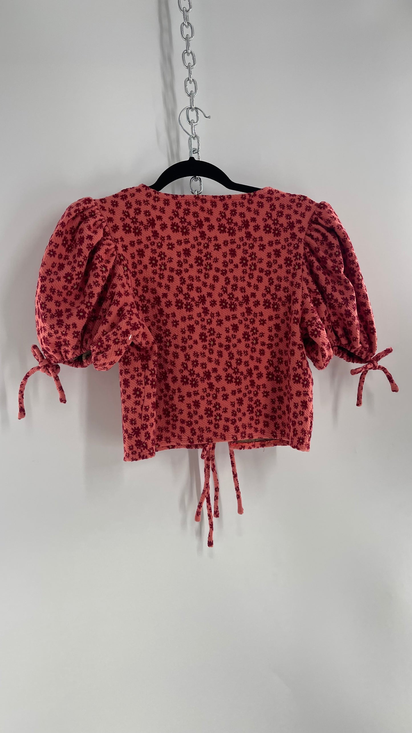 Free People Salmon Pink Thick Puff Sleeve Floral Tie Front Blouse (Small)