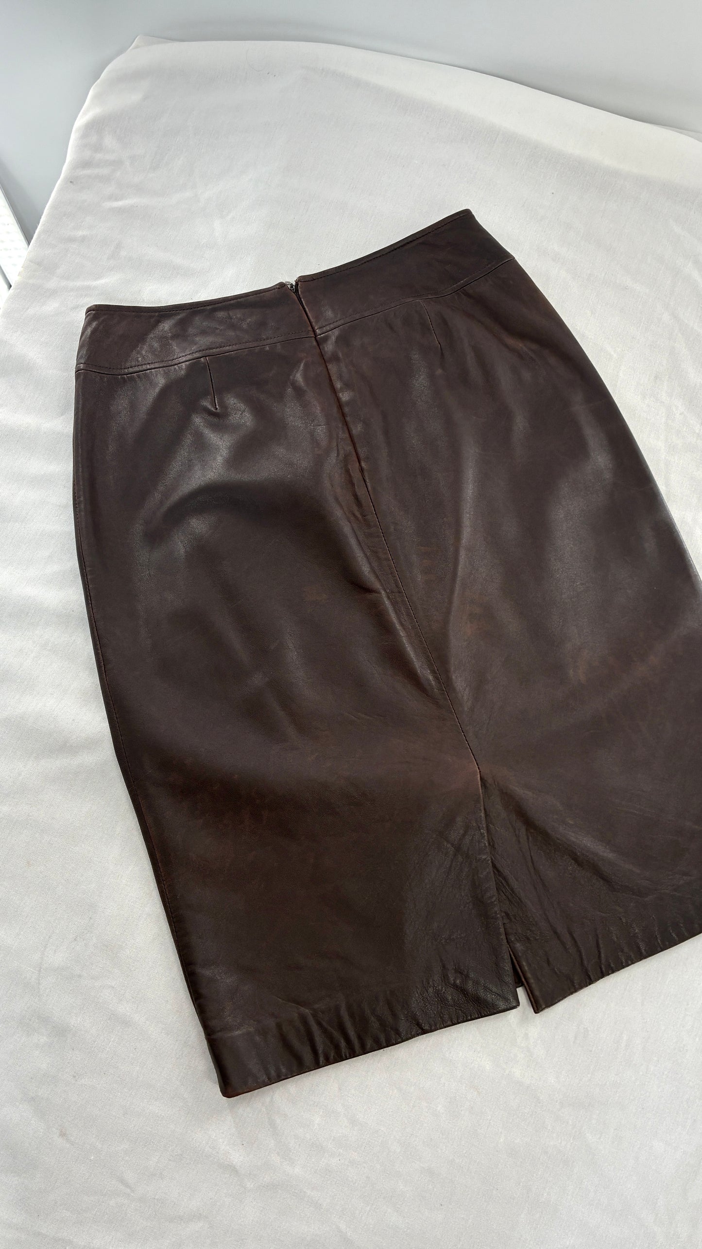 Vintage BROOKS BROTHERS Brown Distressed Genuine Leather Skirt (6)