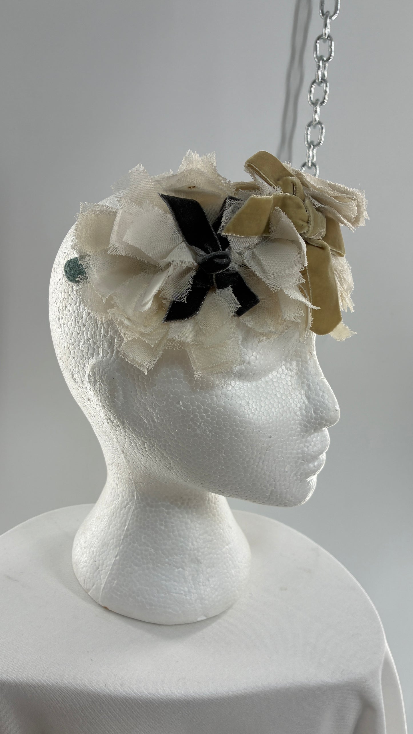 Vintage FARMER Handmade Blue Knit Headband with Velvet Bow Appliqués
