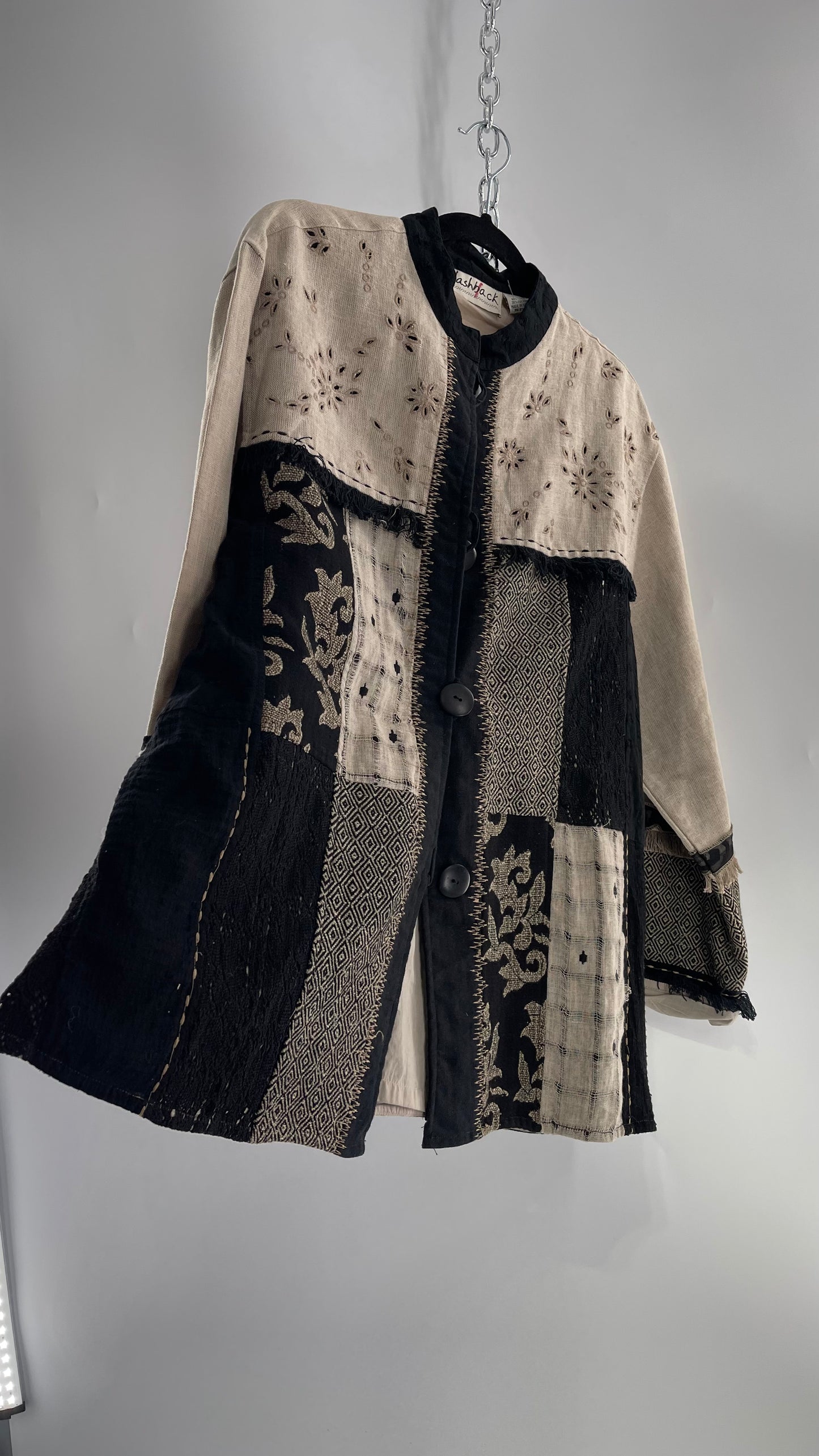 Deadstock Vintage Flashback Patchwork Coat with Mixed Neutral Fabrics, Embroidery and Fringe Details (Large)