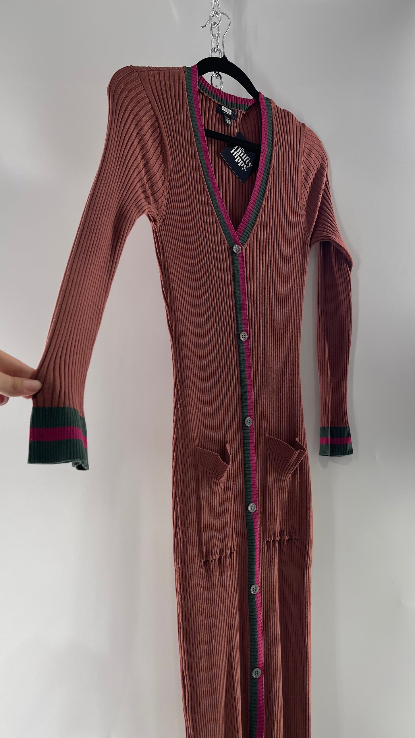 Current Air Los Angeles Brown Ribbed Knit Long Sleeve Button Front Dress with Fuchsia and Forest Green Striping (XS)