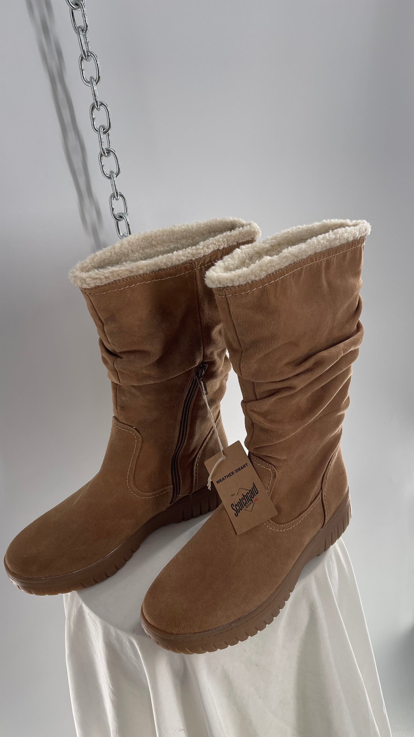 White Mountain Stacked/Ruched Brown Suede Leather Boots with Sherpa Lining and Tags Attached (8.5)