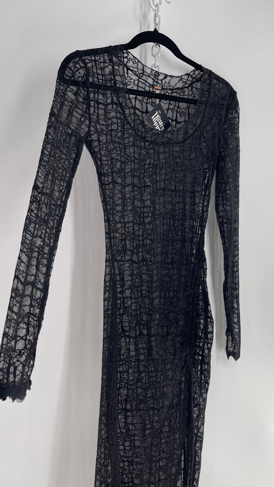 Free People Sabina Black Sheer Crimped Lace Long Sleeve Maxi with Ruched Slit (XS)